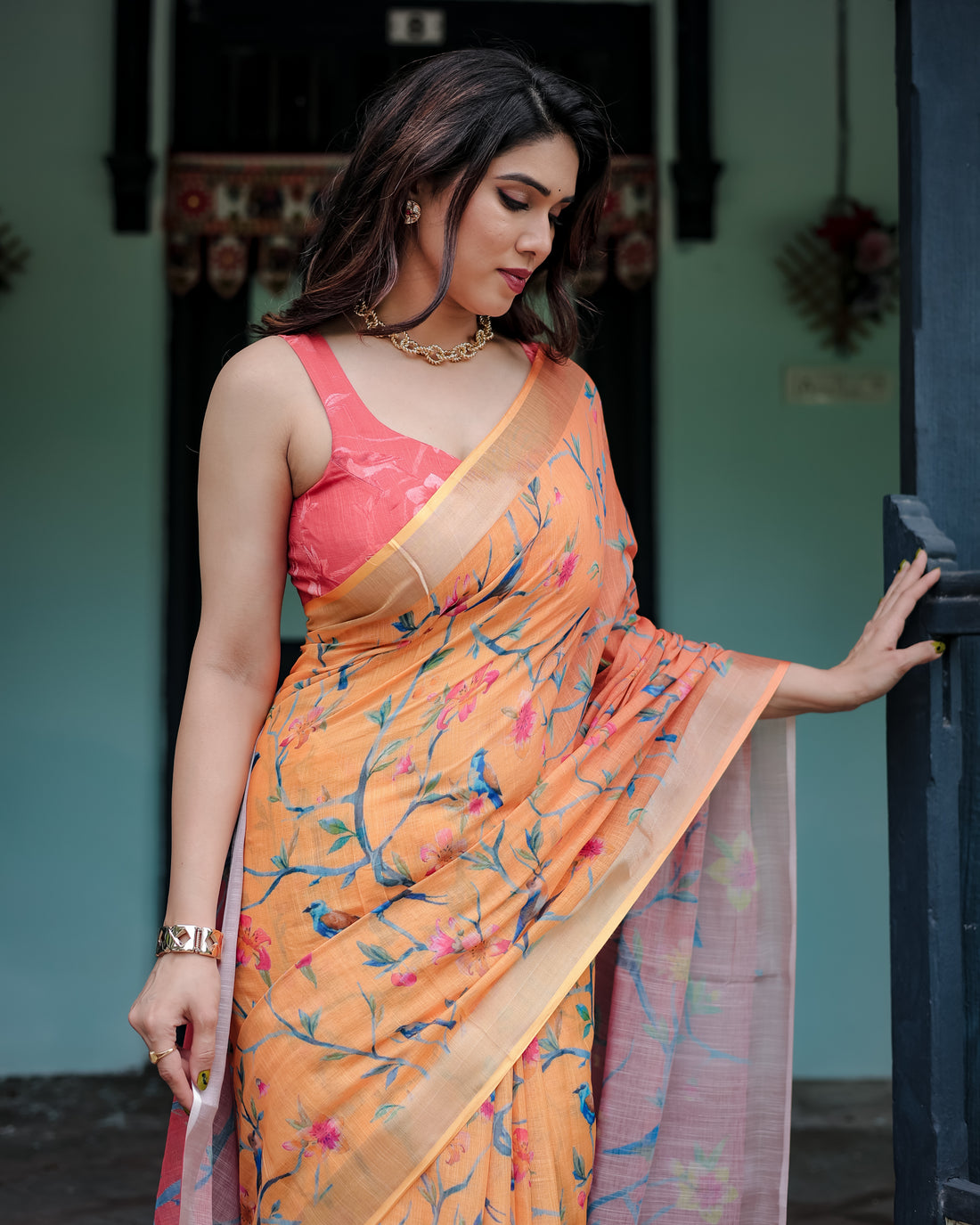Rustic Tale Printed Linen Saree