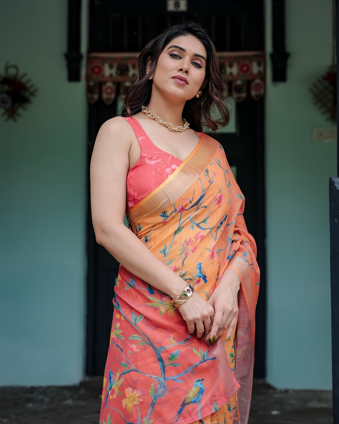 Rustic Tale Printed Linen Saree