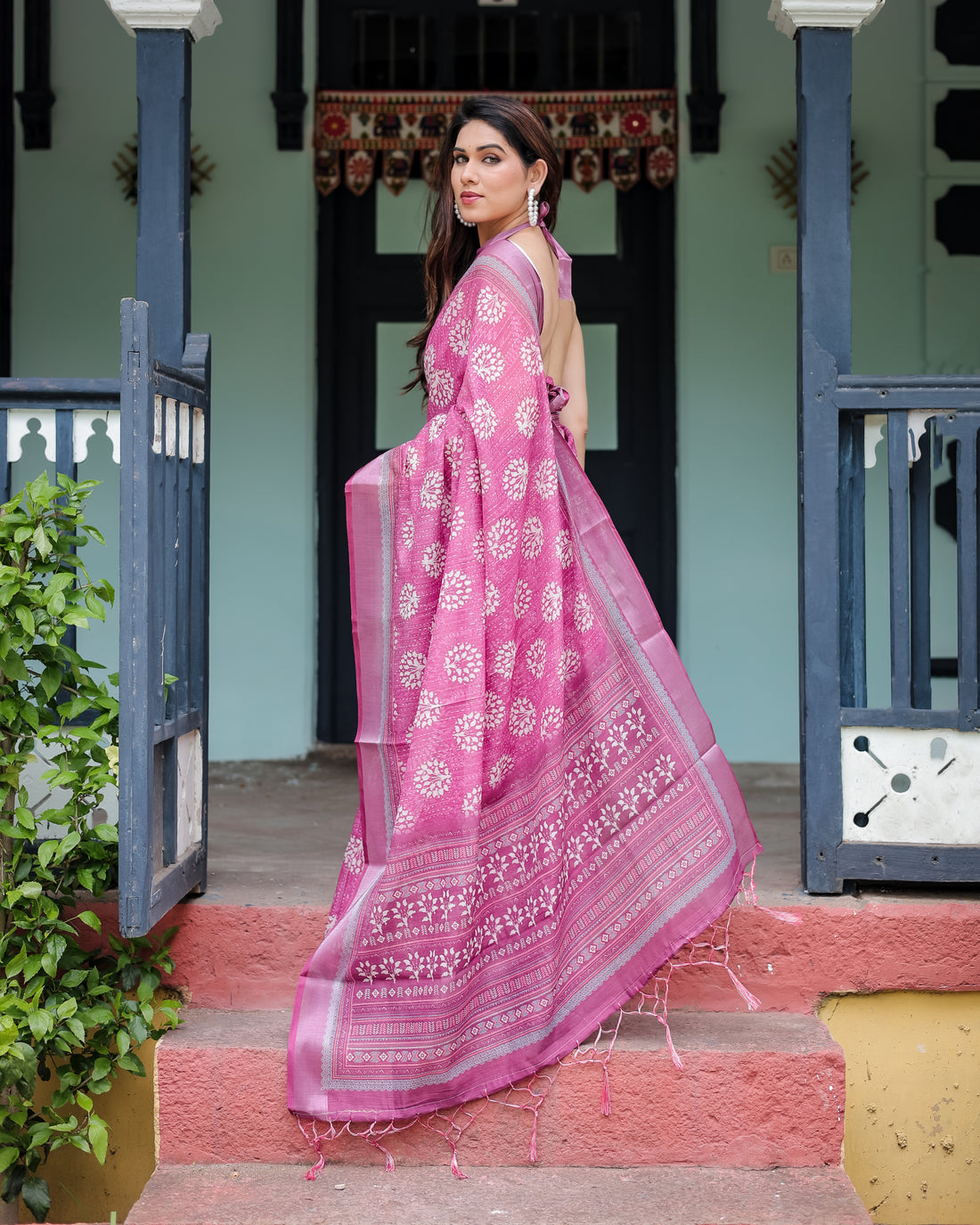 Classic Pink Blossom Linen Cotton Saree