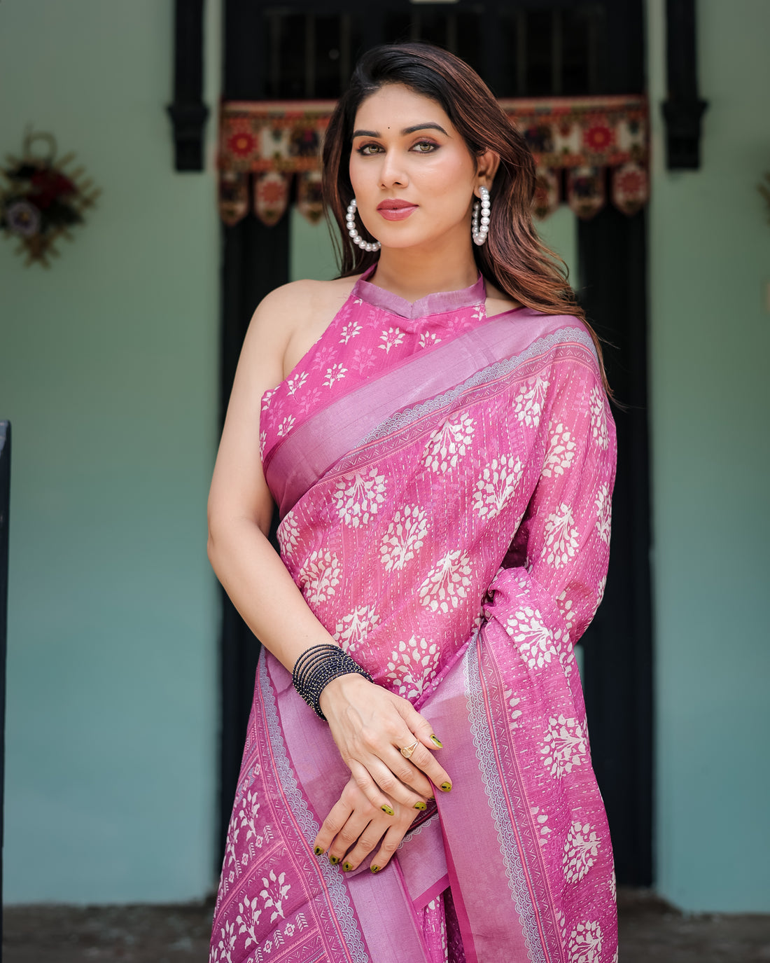 Classic Pink Blossom Linen Cotton Saree