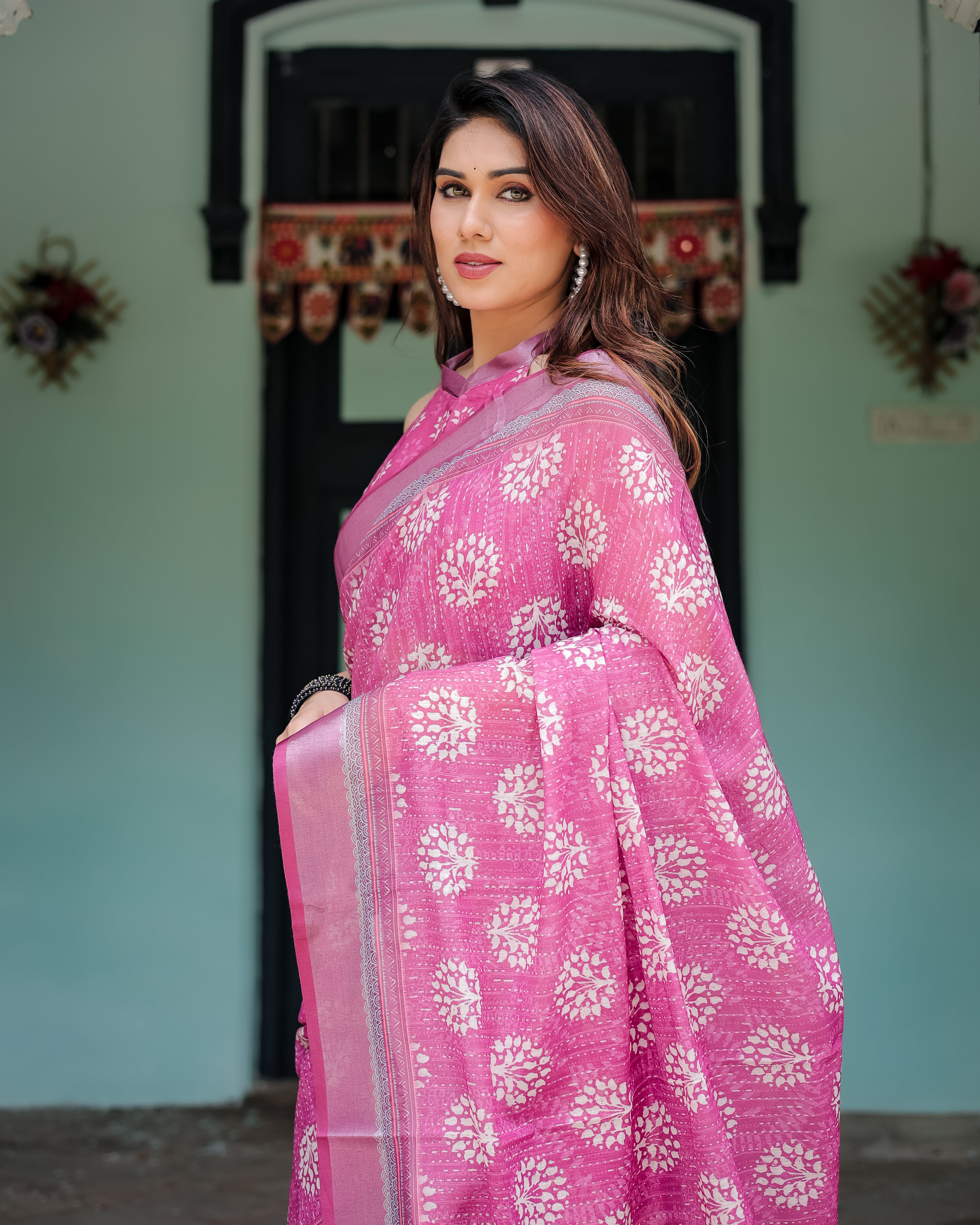 Classic Pink Blossom Linen Cotton Saree