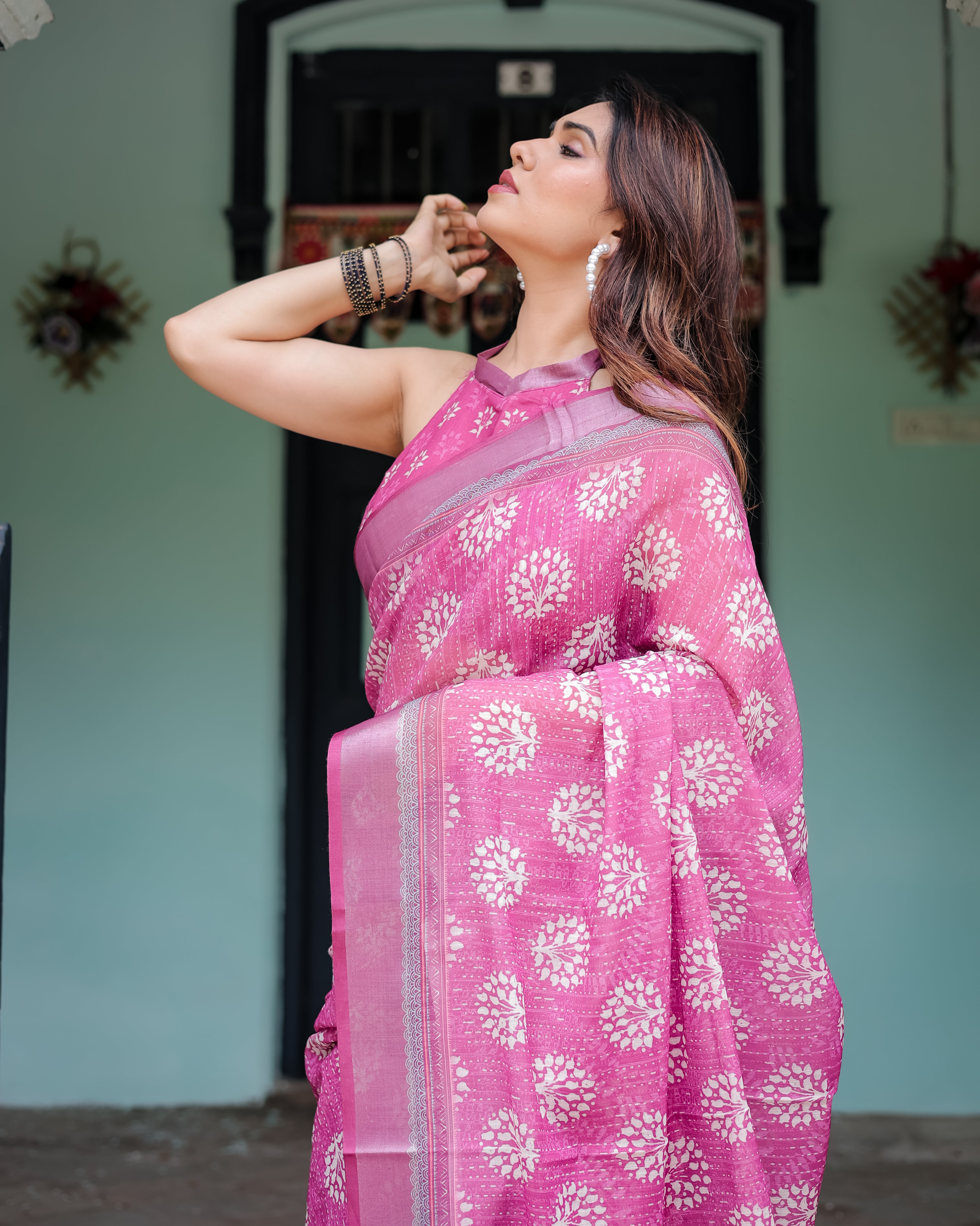 Classic Pink Blossom Linen Cotton Saree