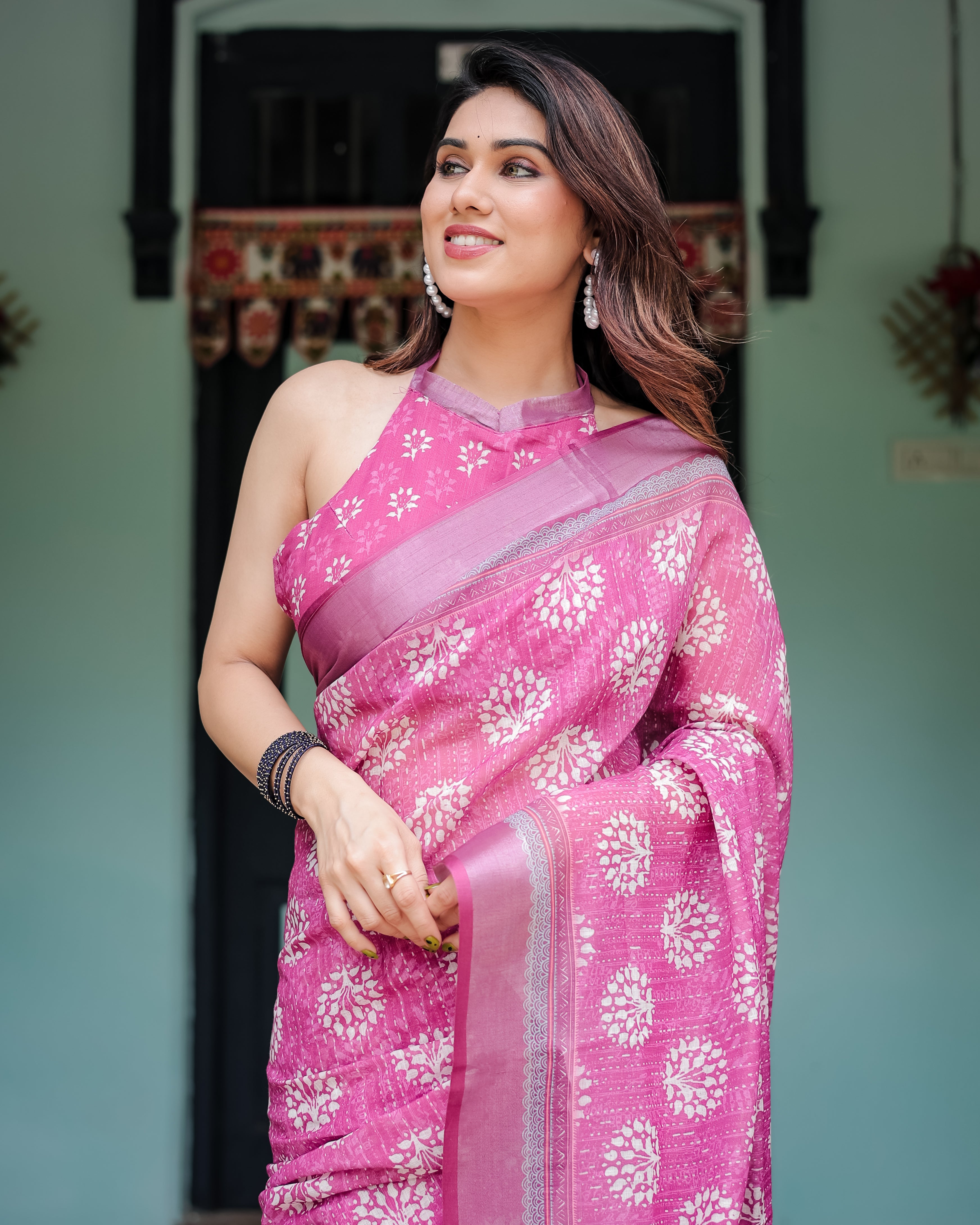 Classic Pink Blossom Linen Cotton Saree