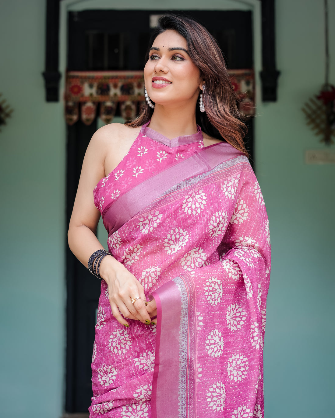 Classic Pink Blossom Linen Cotton Saree