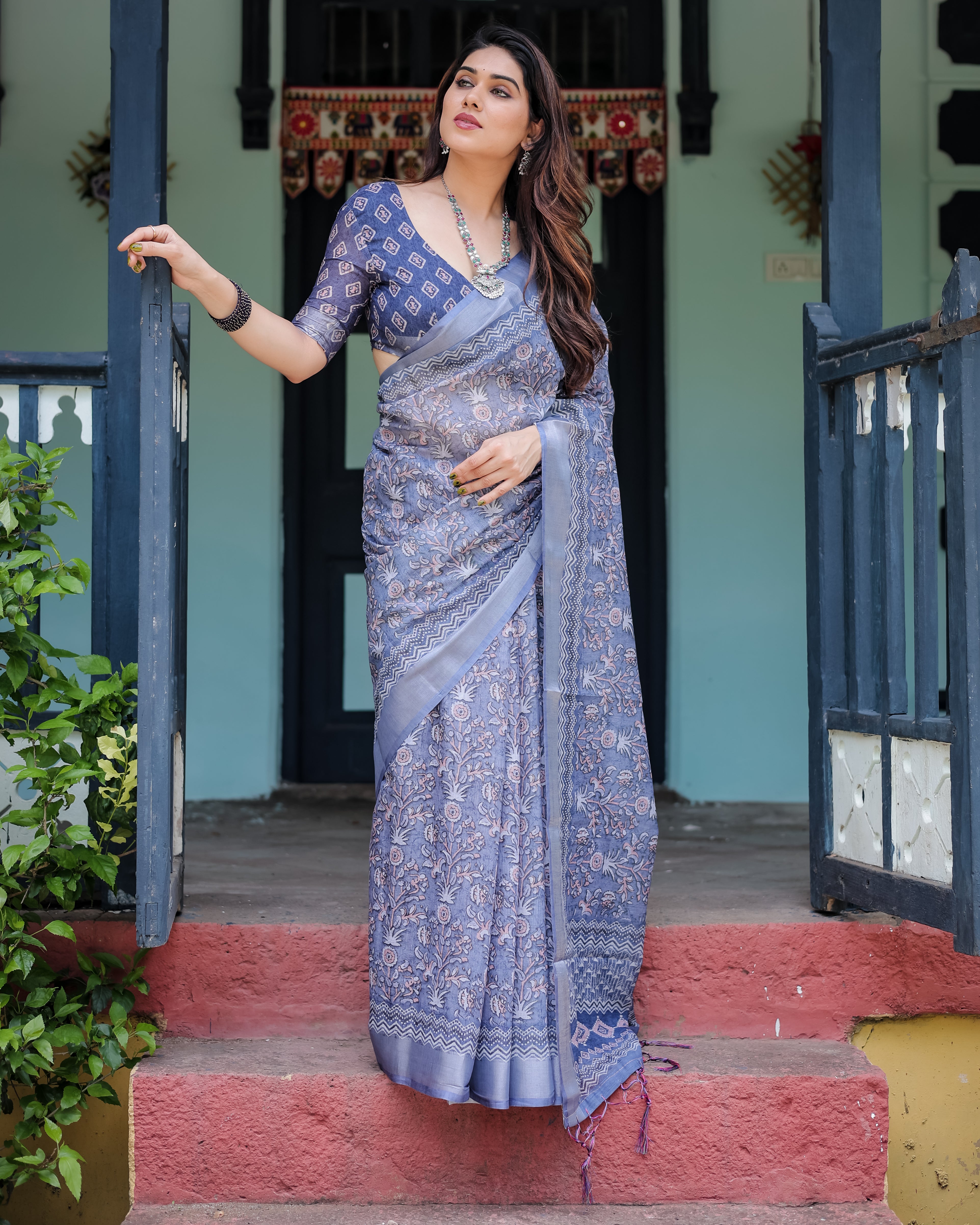 Classic Blue Ethnic Floral Linen Saree with Artistic Border