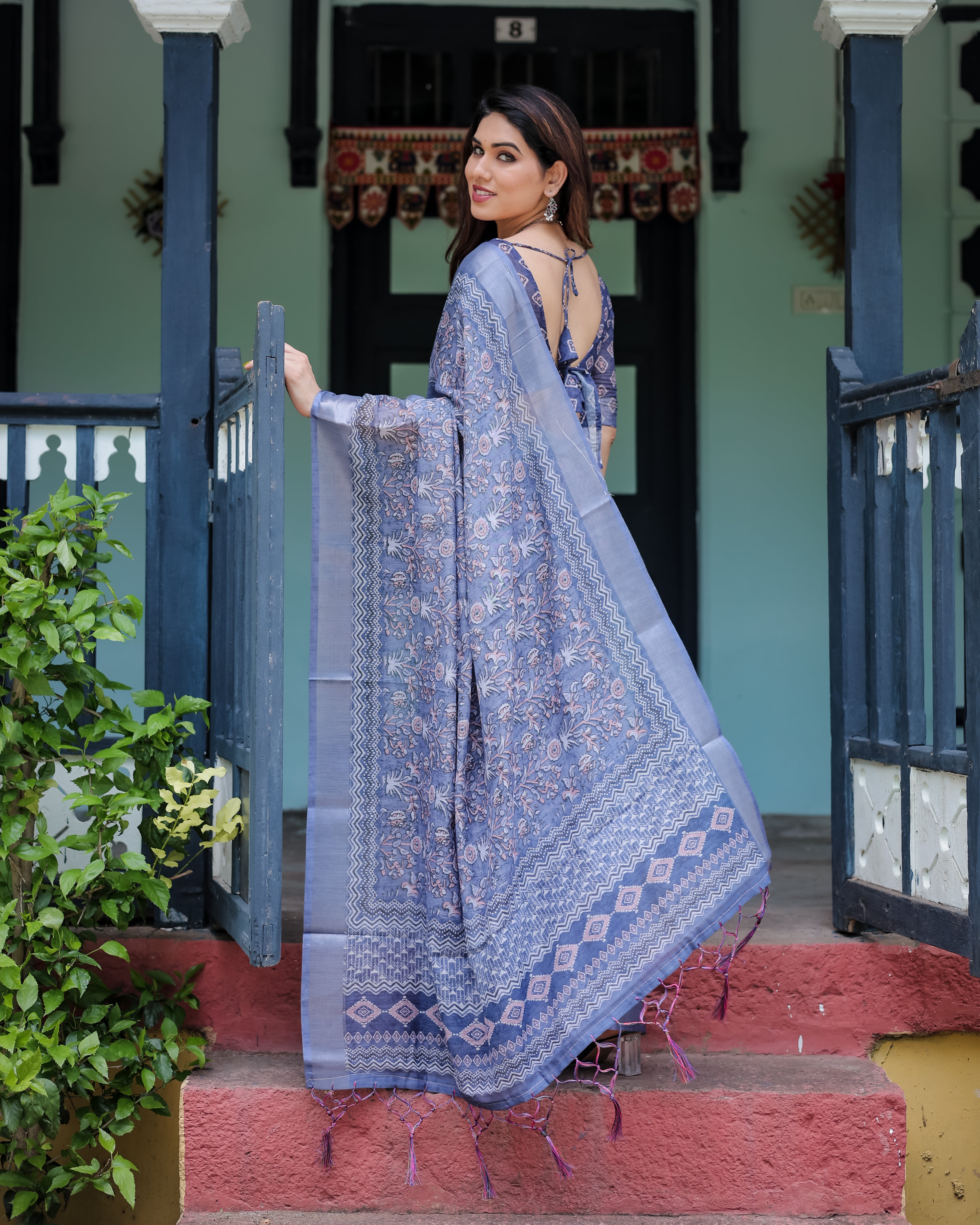 Classic Blue Ethnic Floral Linen Saree with Artistic Border