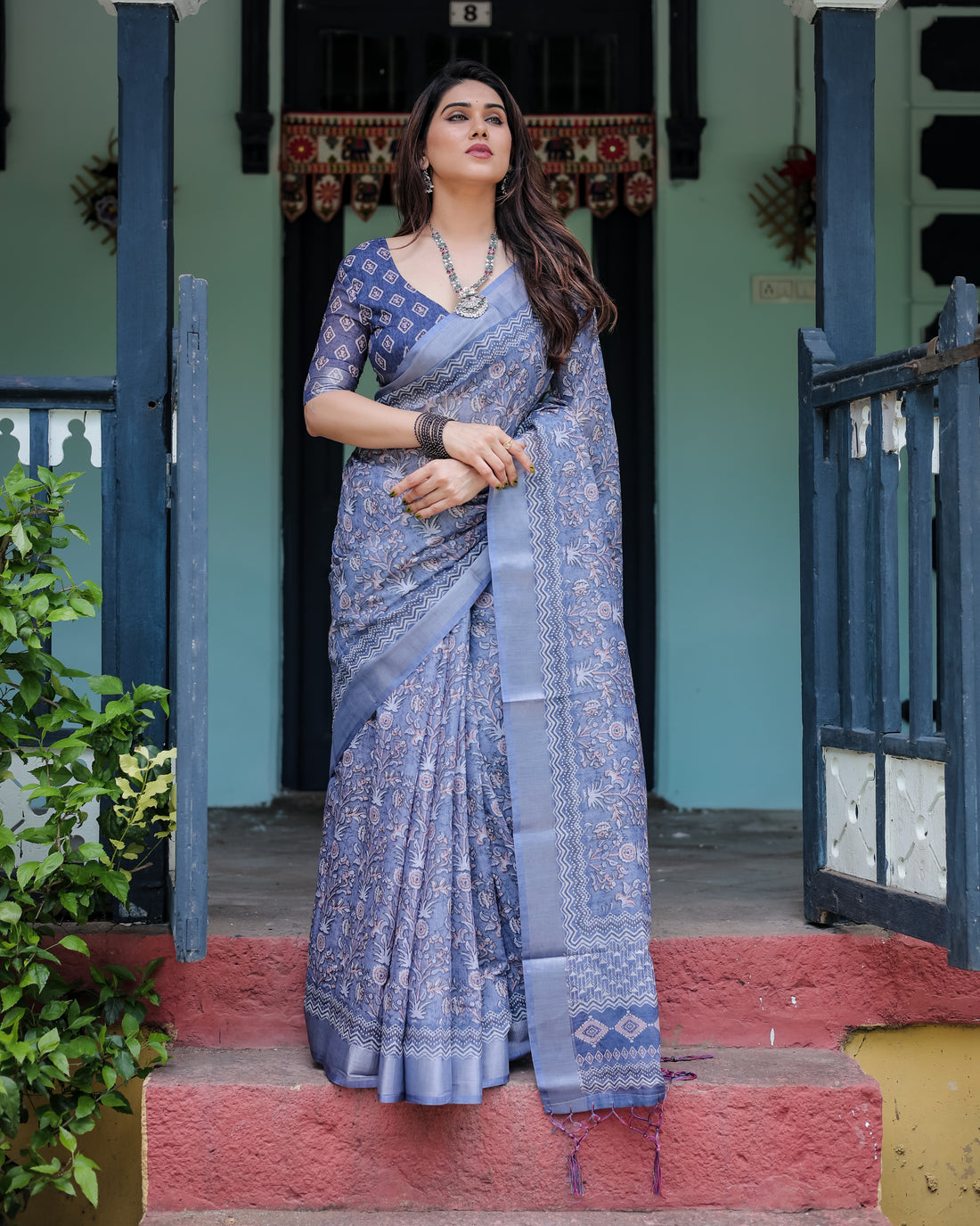 Classic Blue Ethnic Floral Linen Saree with Artistic Border