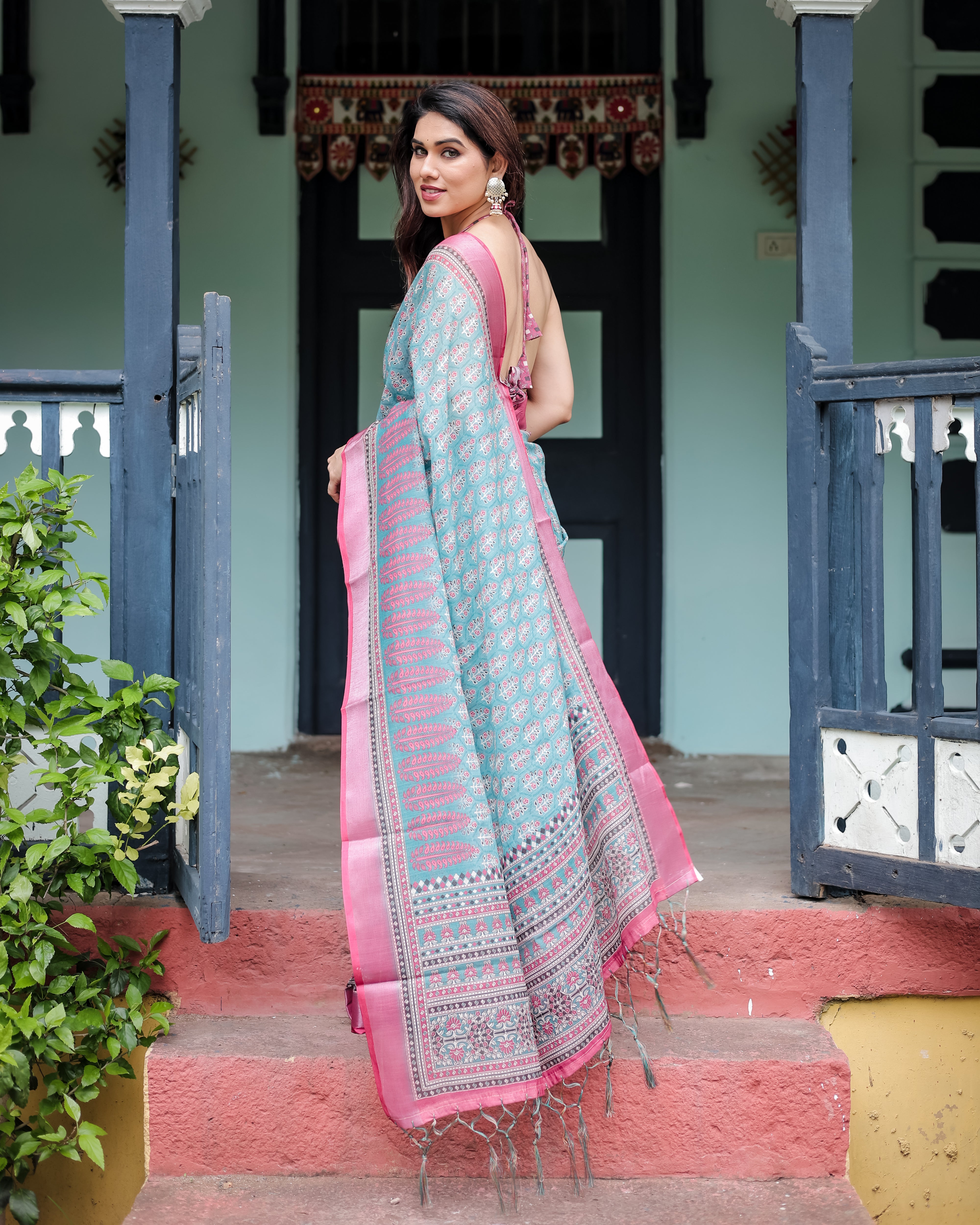 Elegant Teal & Pink Printed Linen Cotton Saree