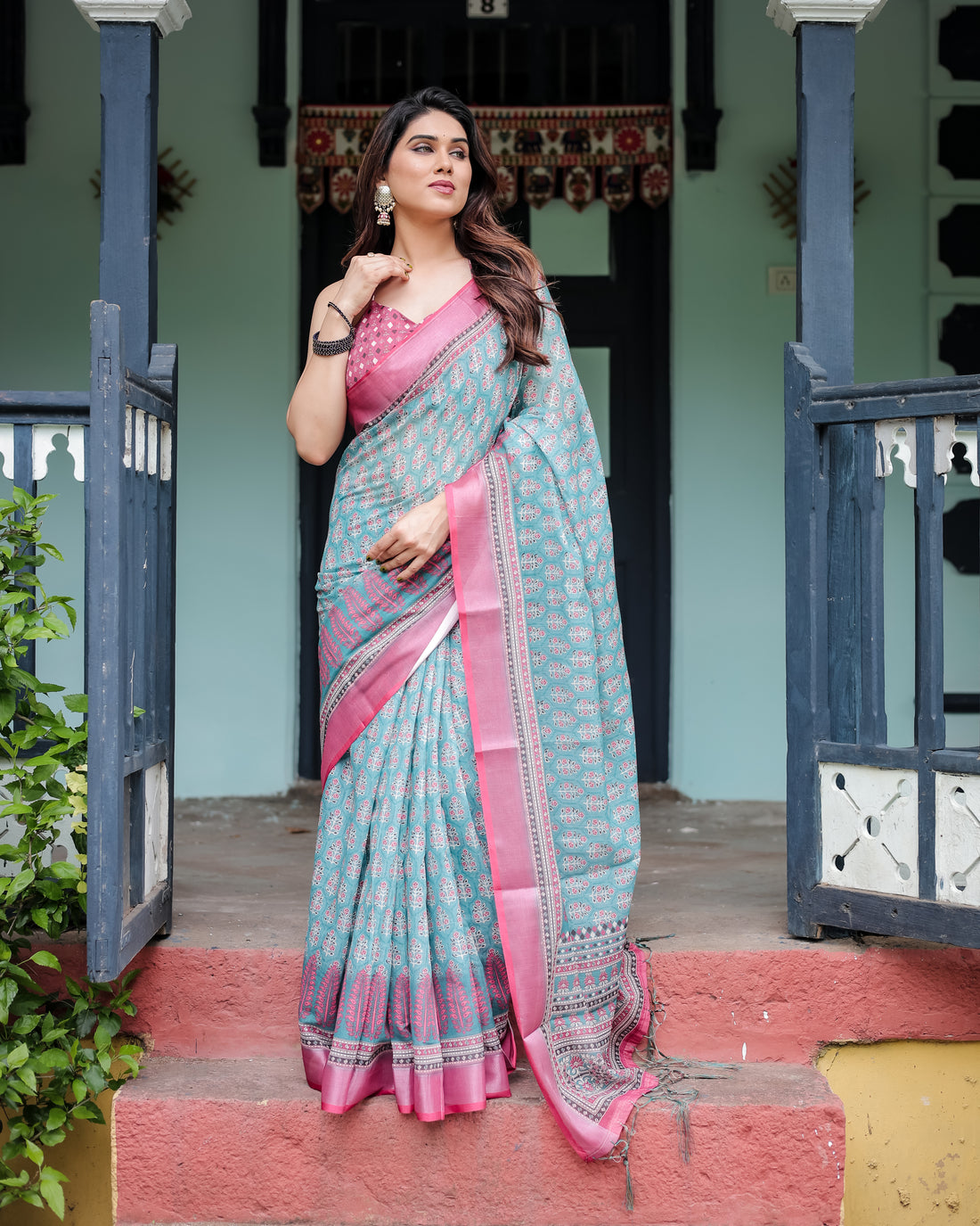 Elegant Teal & Pink Printed Linen Cotton Saree