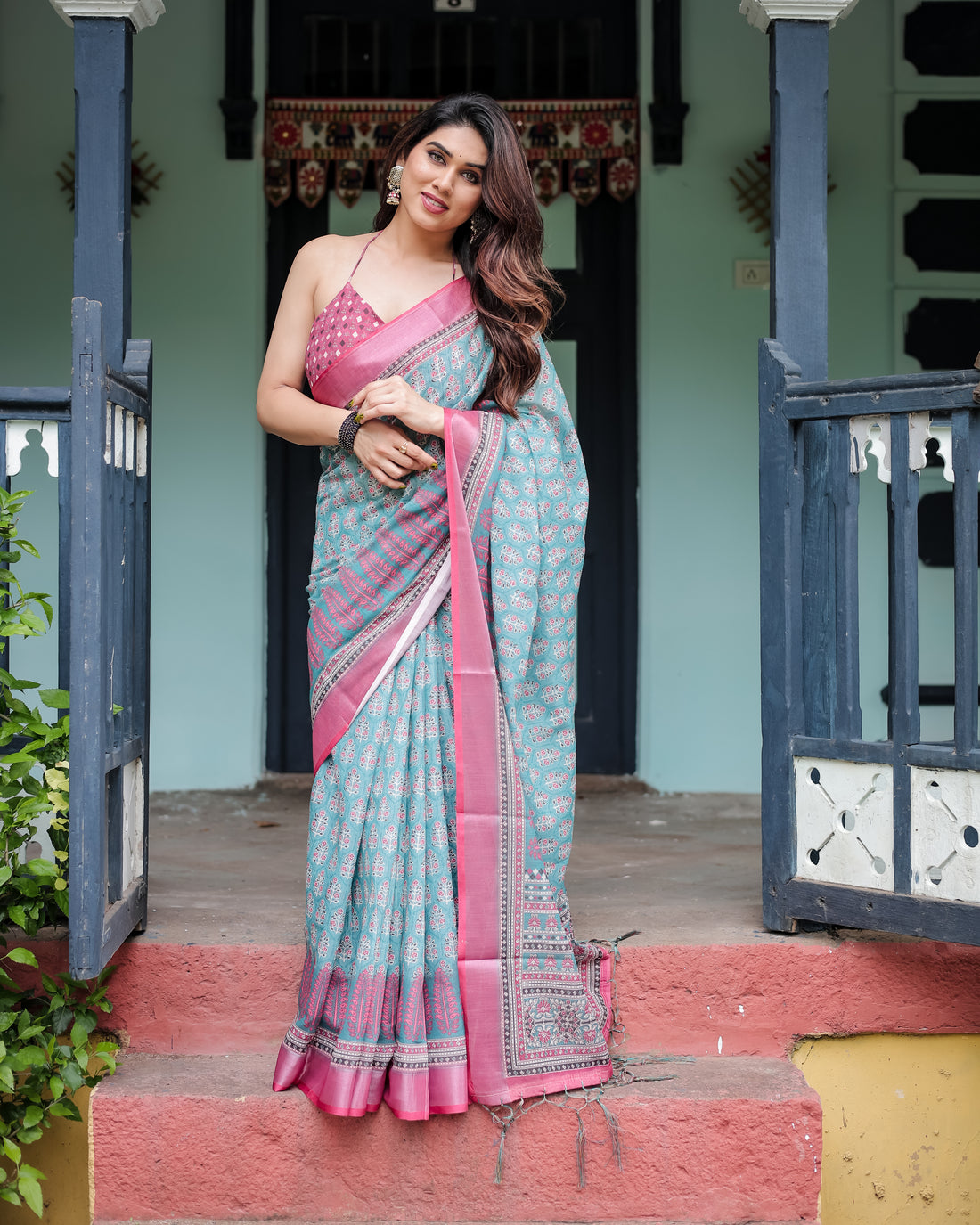 Elegant Teal & Pink Printed Linen Cotton Saree