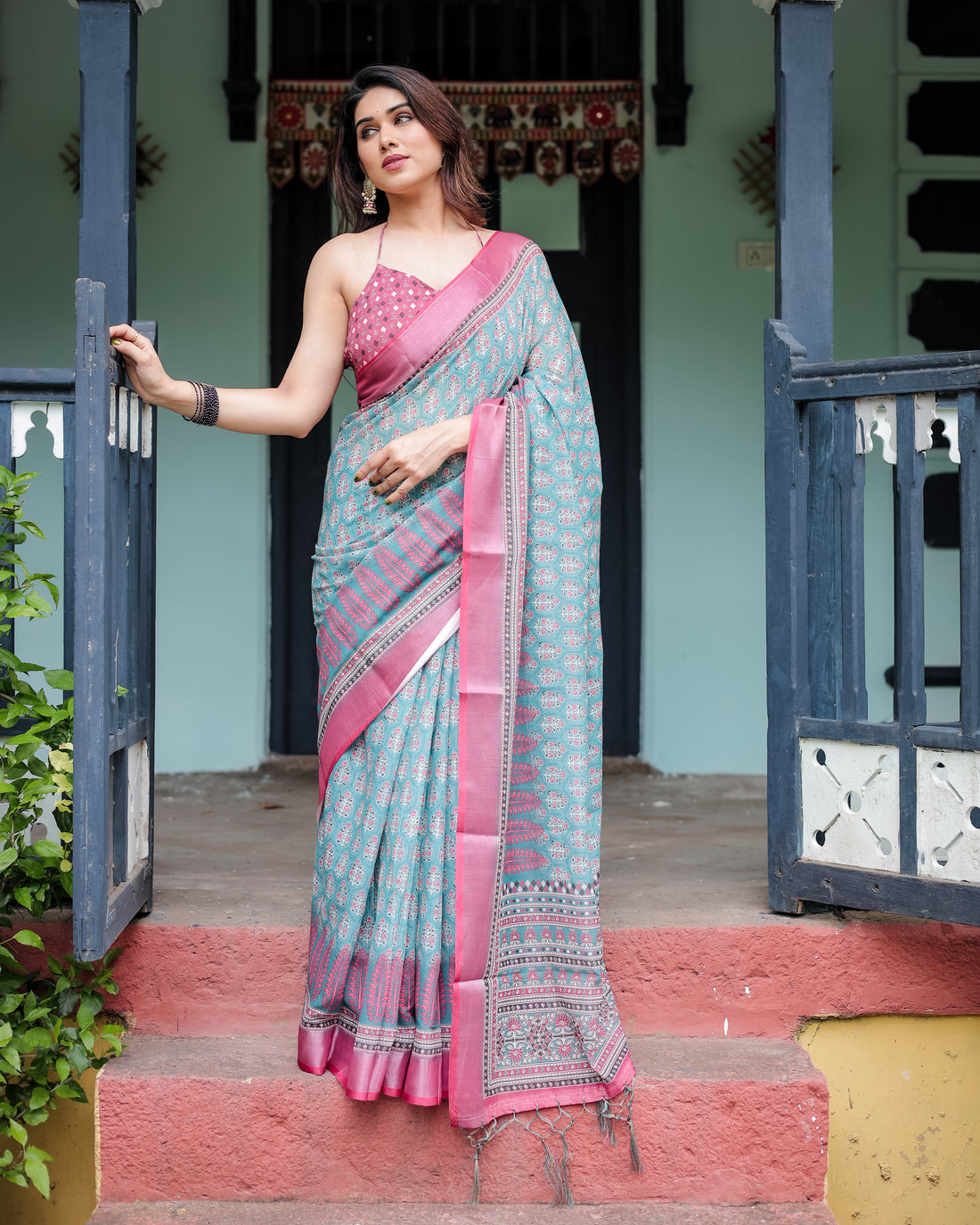 Elegant Teal & Pink Printed Linen Cotton Saree