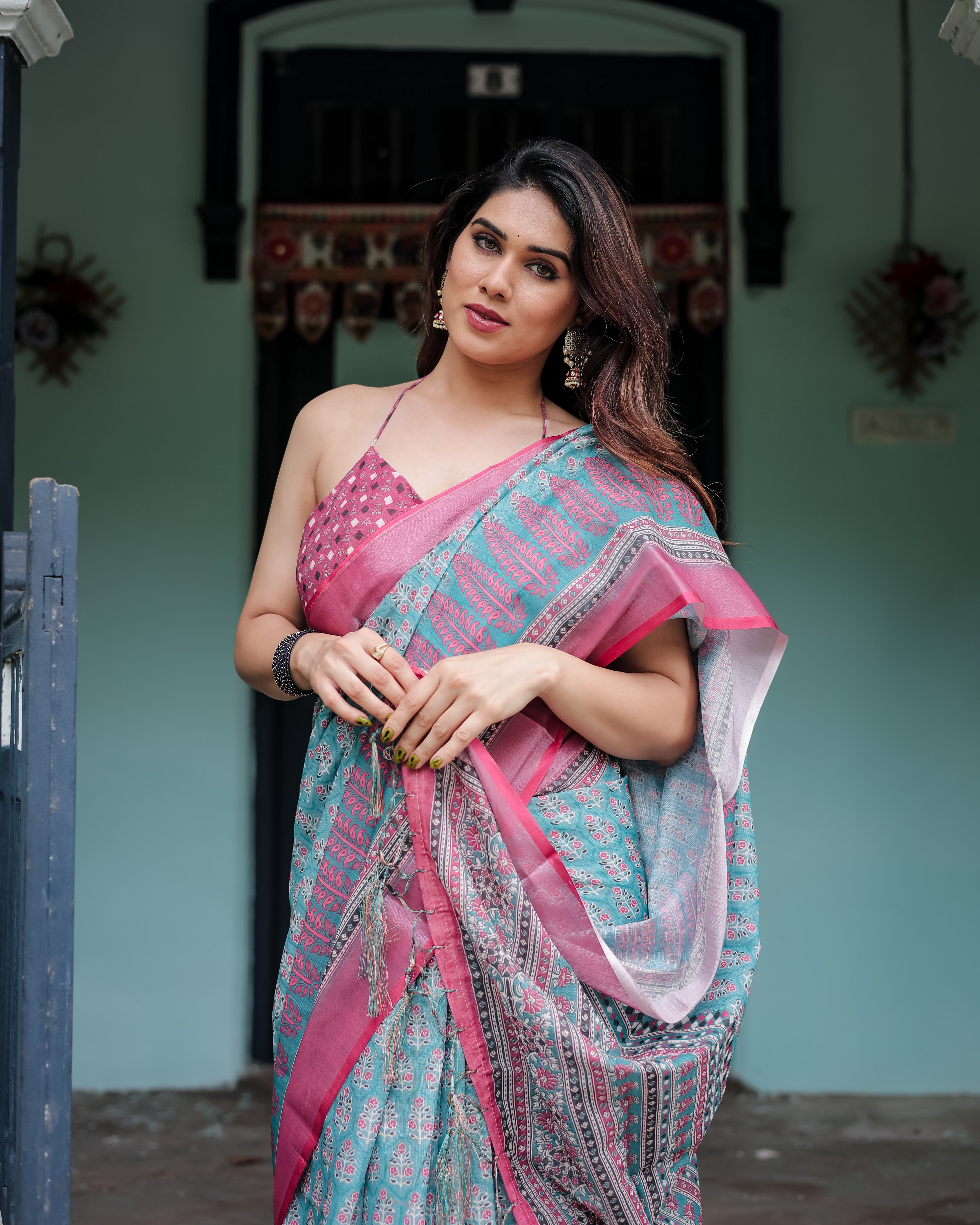 Elegant Teal & Pink Printed Linen Cotton Saree