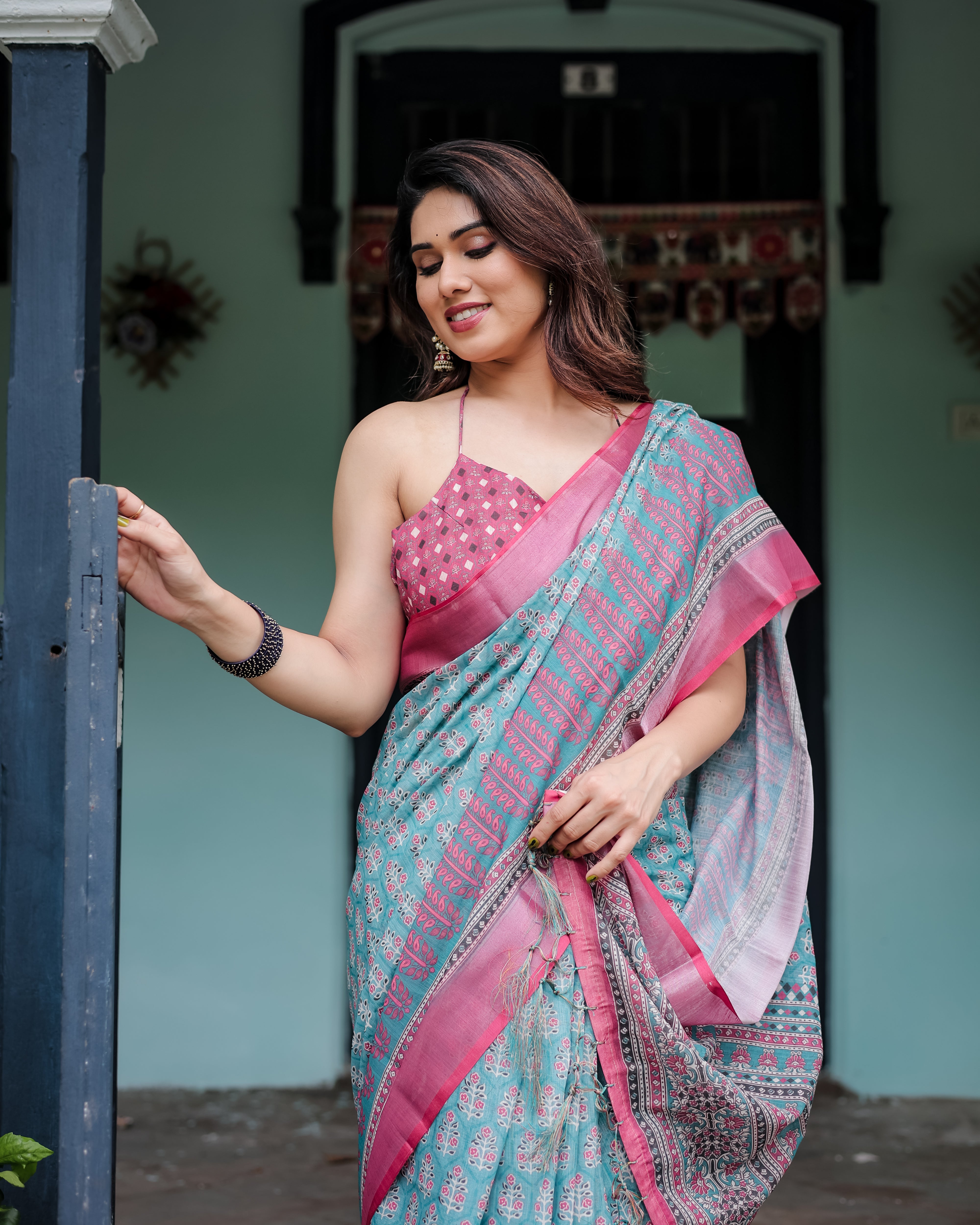 Elegant Teal & Pink Printed Linen Cotton Saree