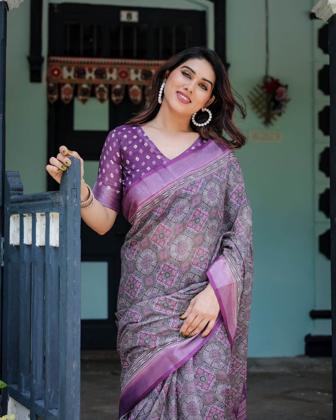 Royal Lavender Printed Linen Saree with Rich Border