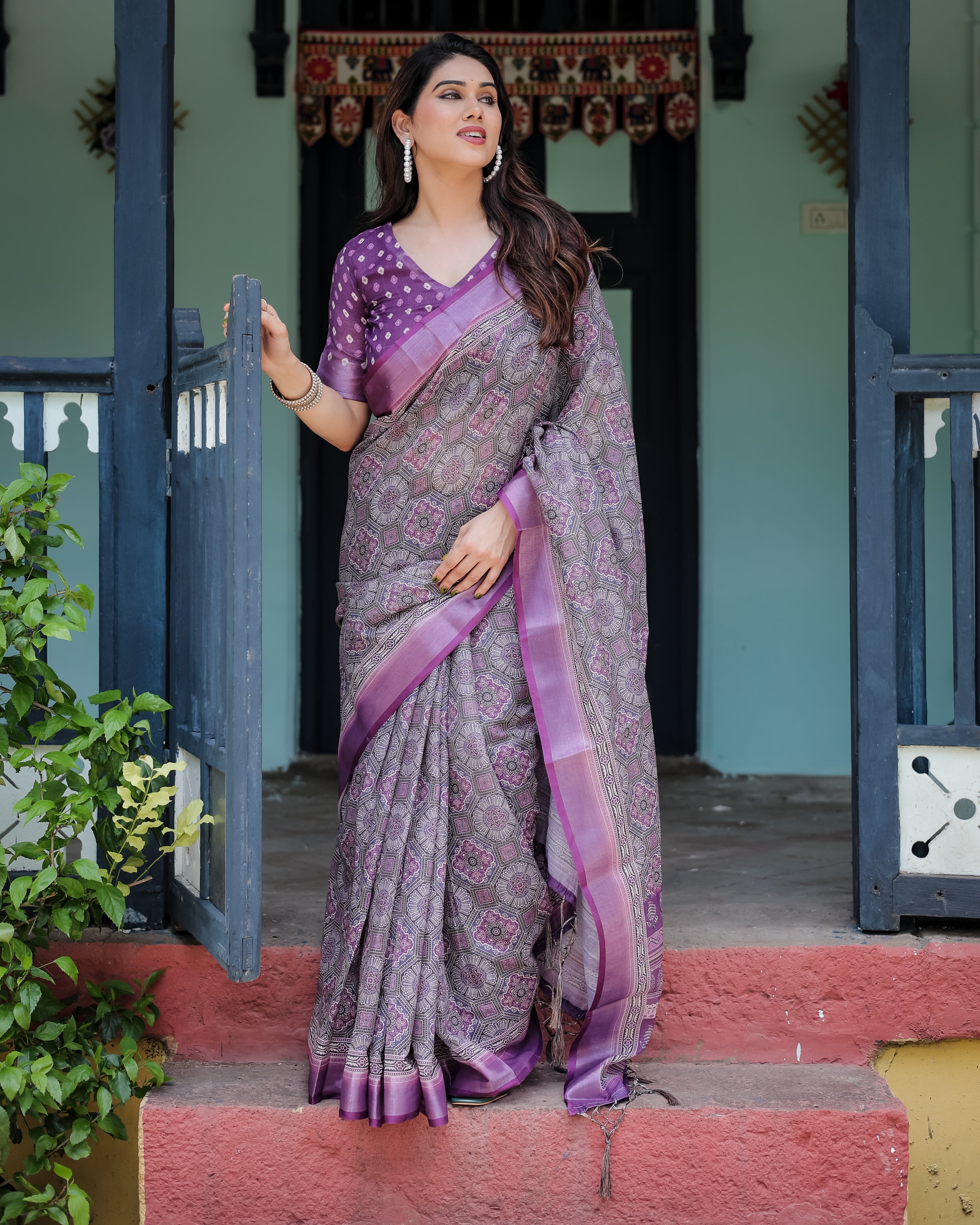 Royal Lavender Printed Linen Saree with Rich Border