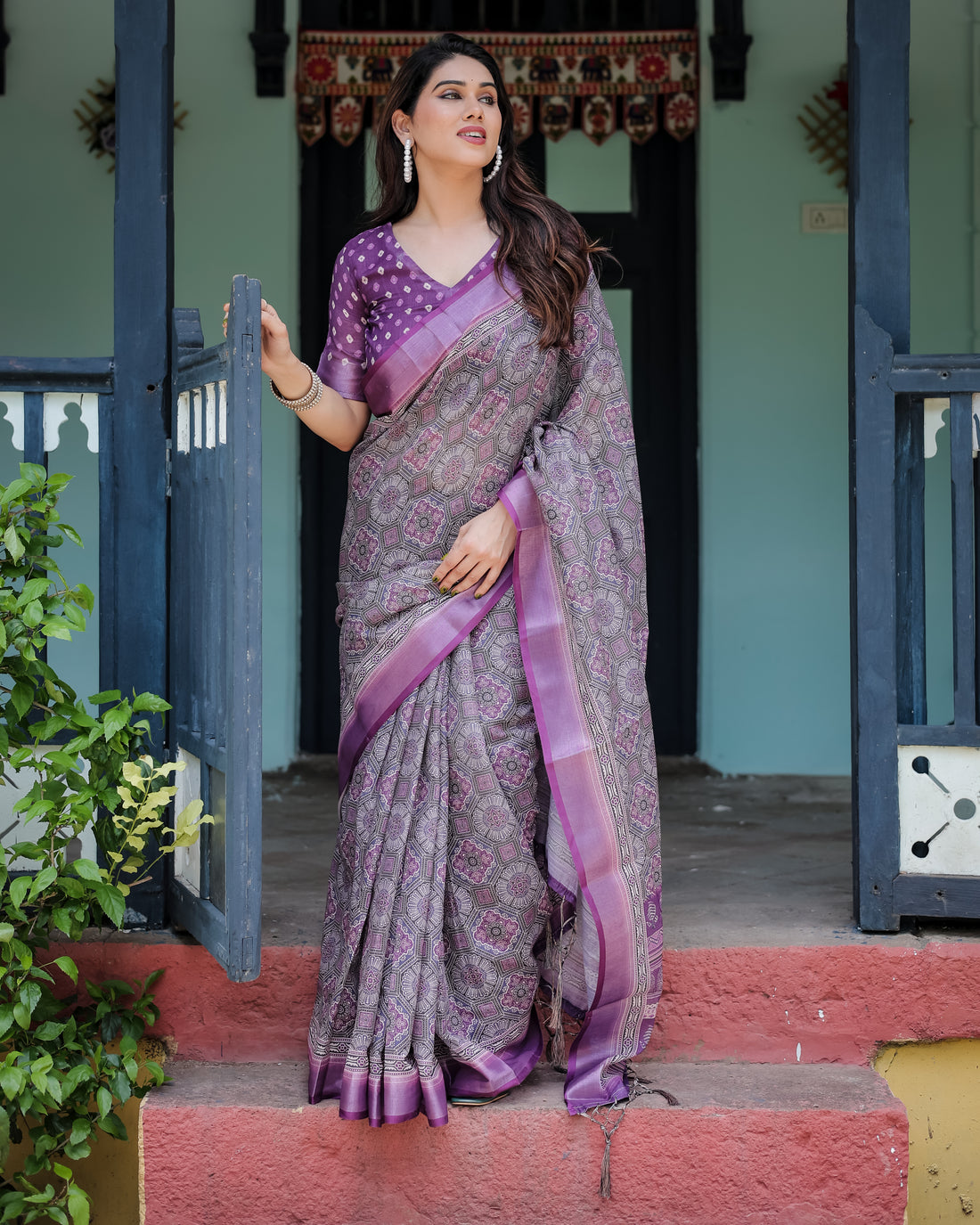 Royal Lavender Printed Linen Saree with Rich Border