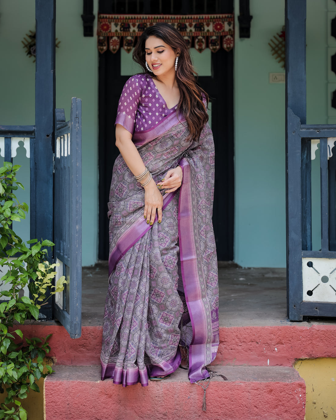Royal Lavender Printed Linen Saree with Rich Border