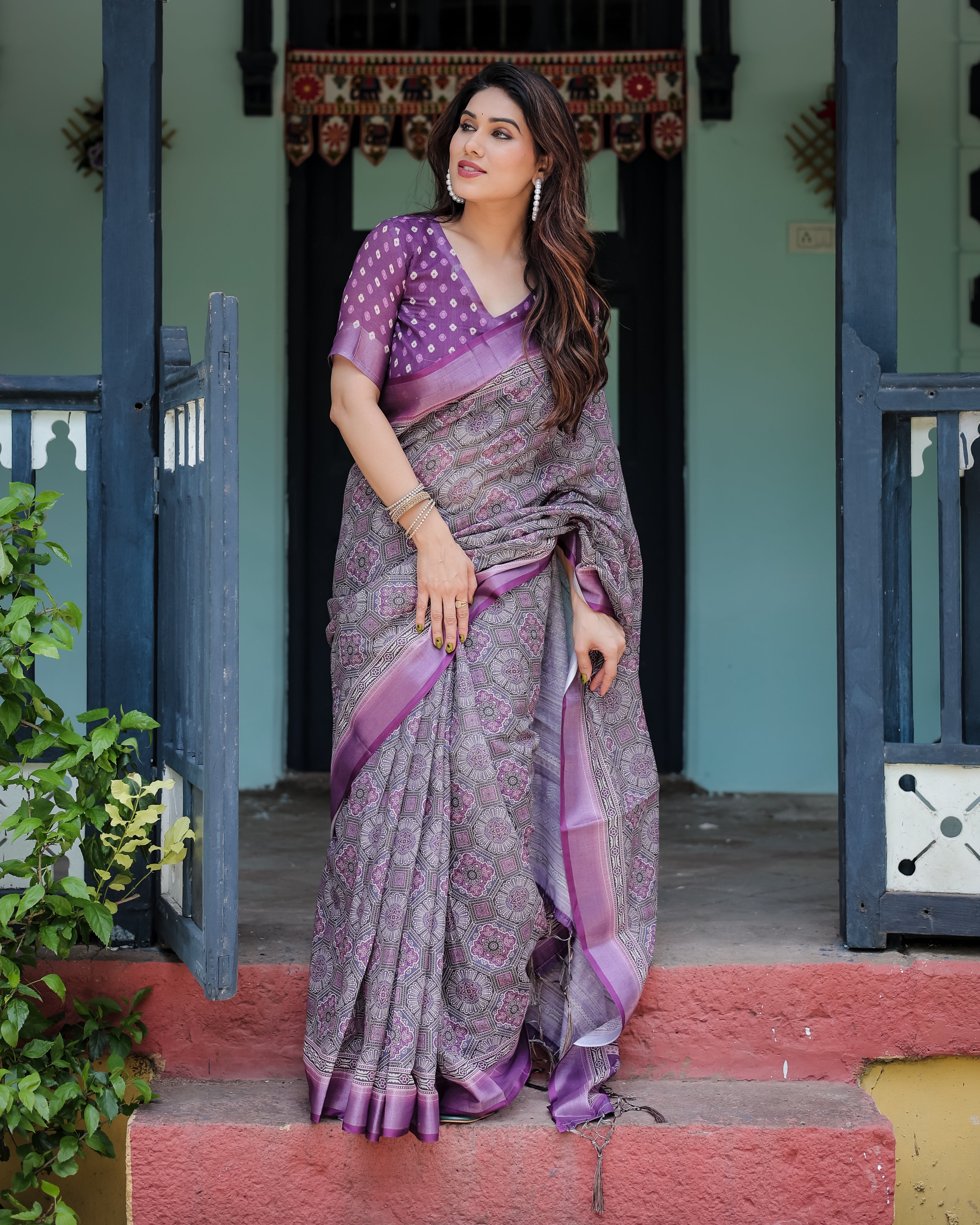 Royal Lavender Printed Linen Saree with Rich Border