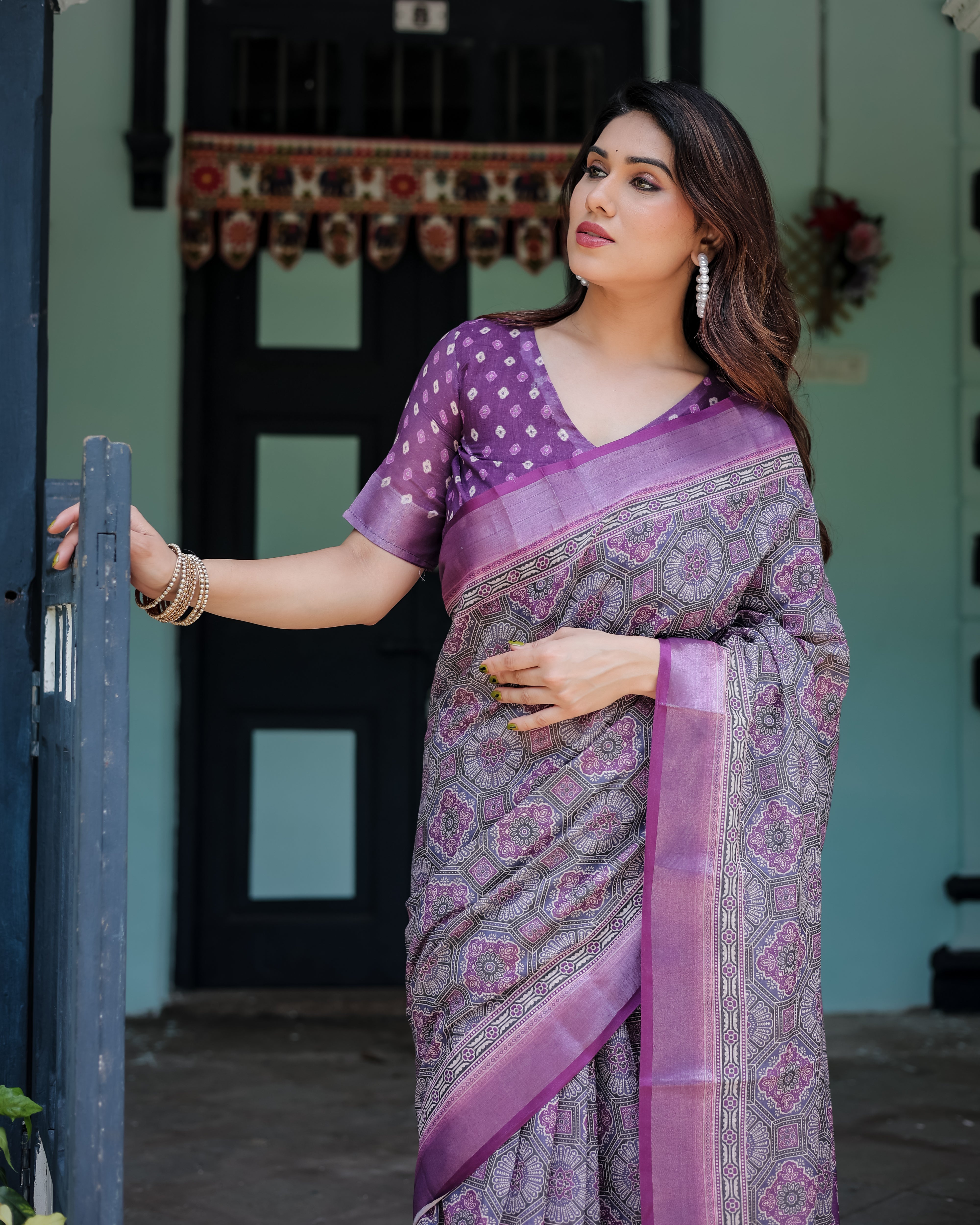 Royal Lavender Printed Linen Saree with Rich Border