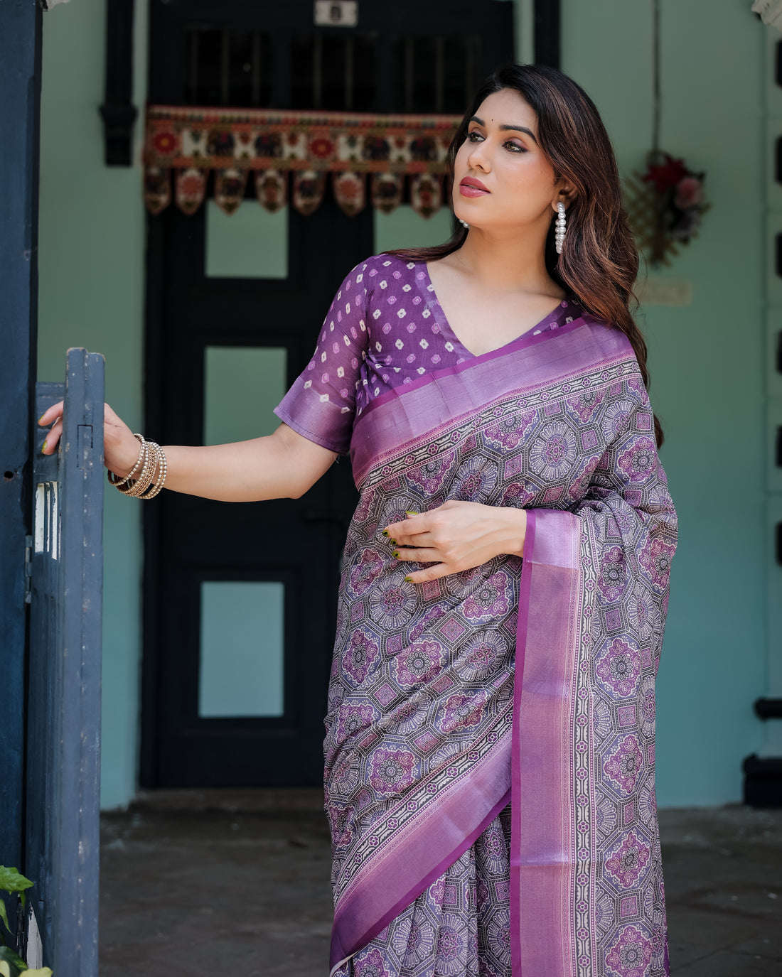 Royal Lavender Printed Linen Saree with Rich Border