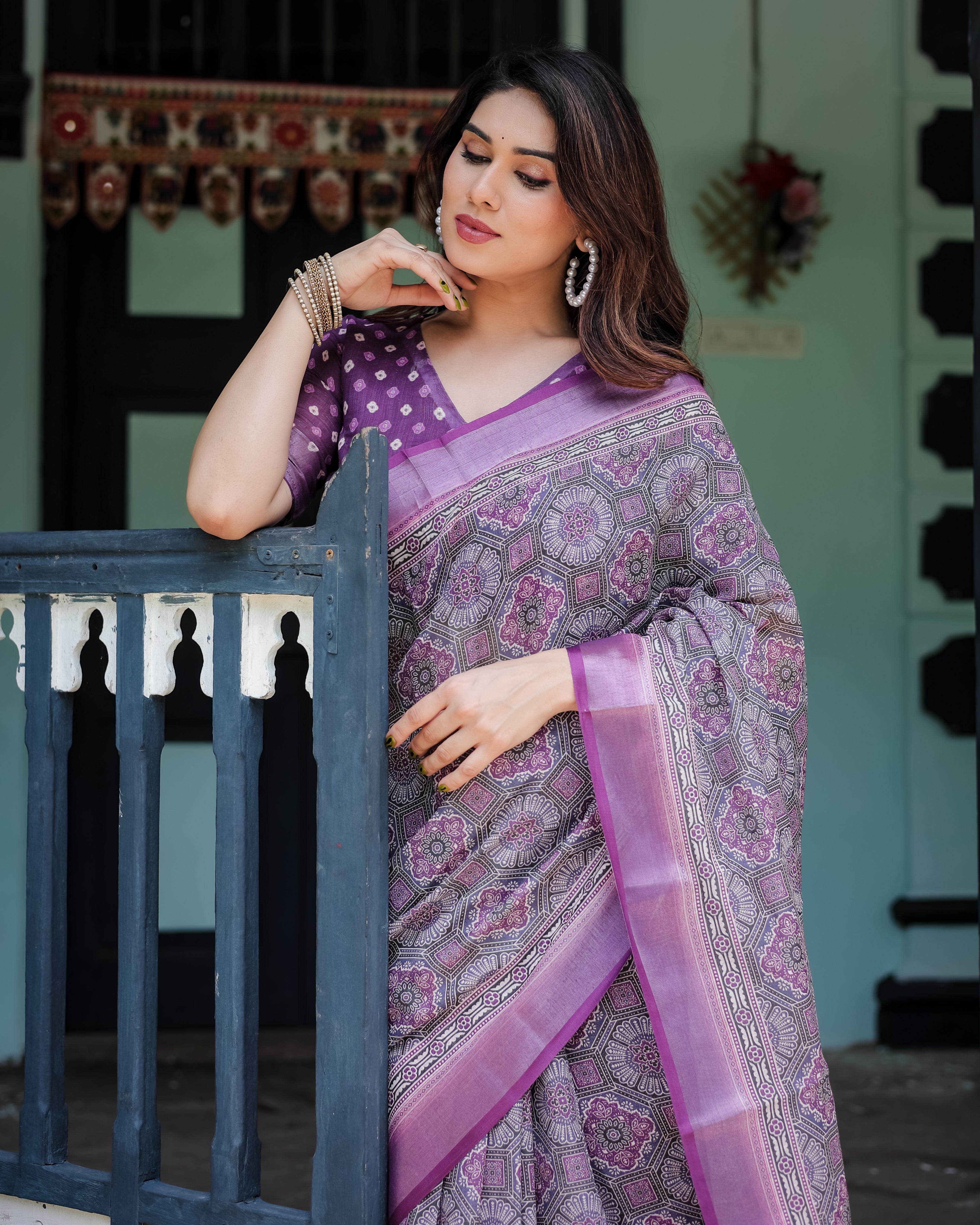 Royal Lavender Printed Linen Saree with Rich Border