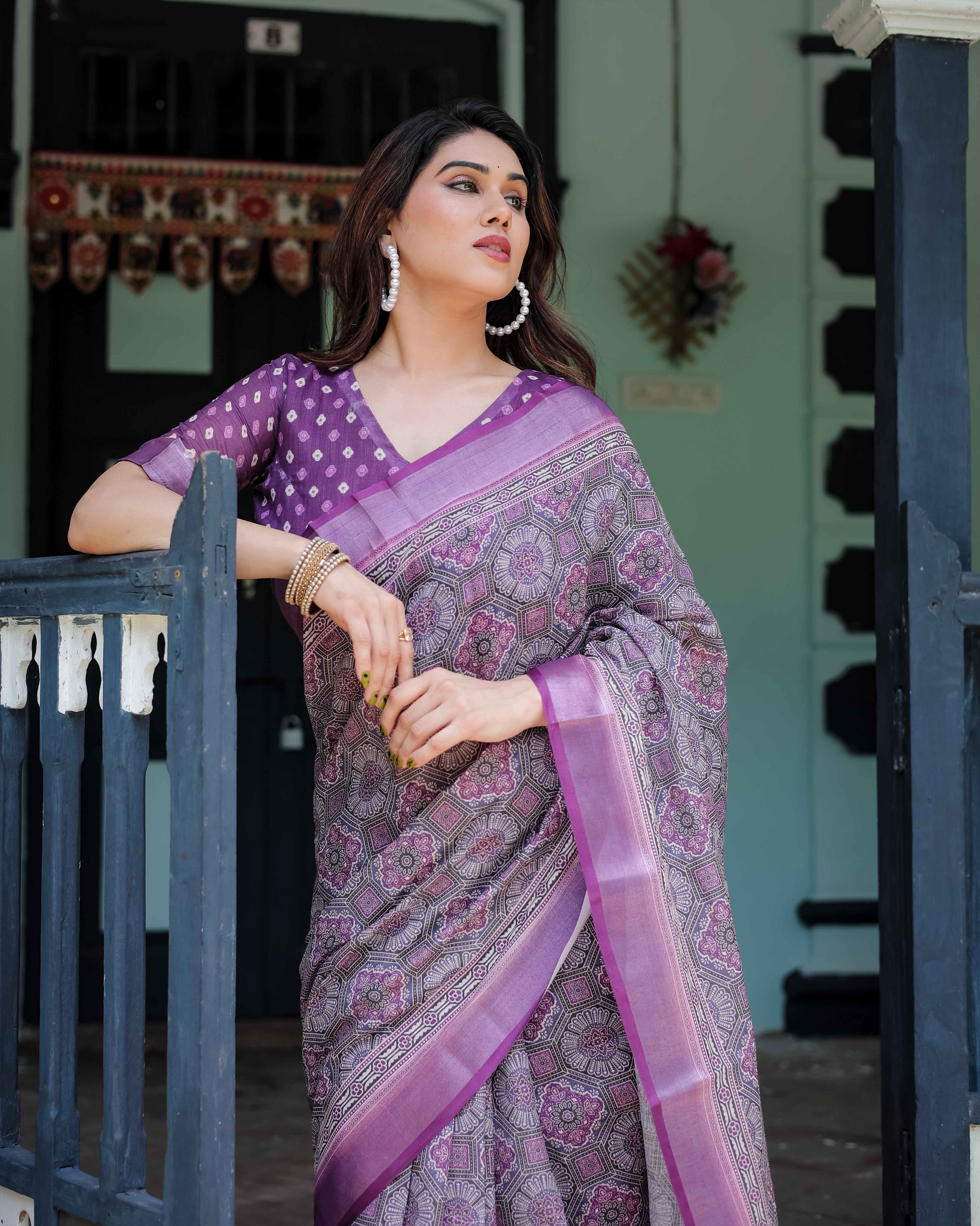 Royal Lavender Printed Linen Saree with Rich Border
