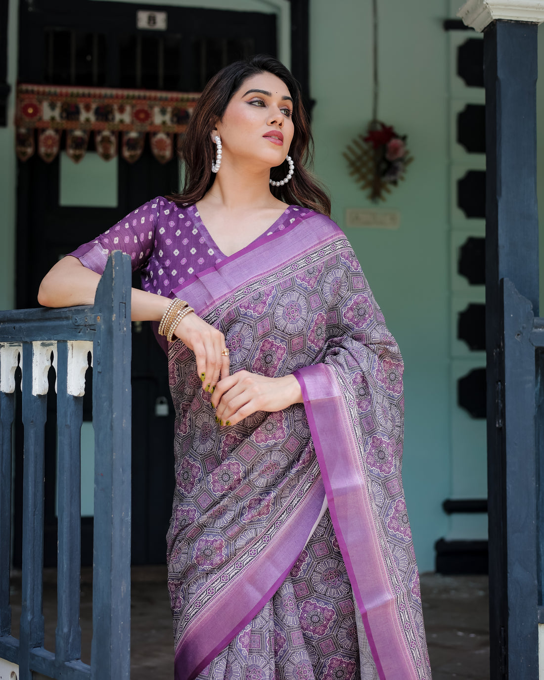 Royal Lavender Printed Linen Saree with Rich Border