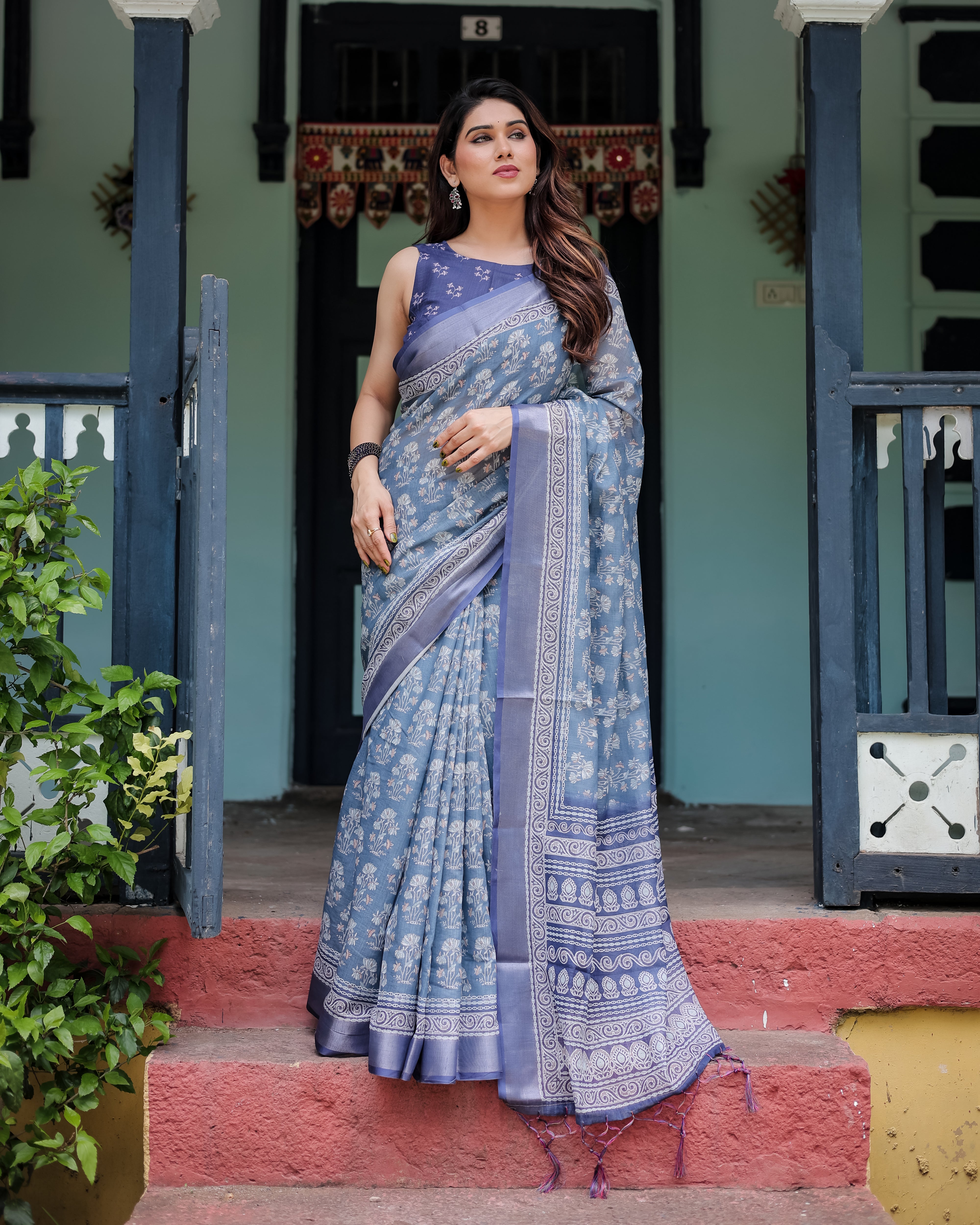 Graceful Dusty Blue Ethnic Motif Linen Cotton Saree
