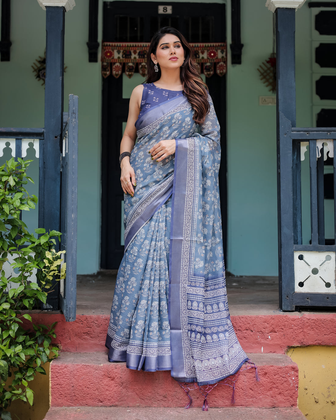 Graceful Dusty Blue Ethnic Motif Linen Cotton Saree