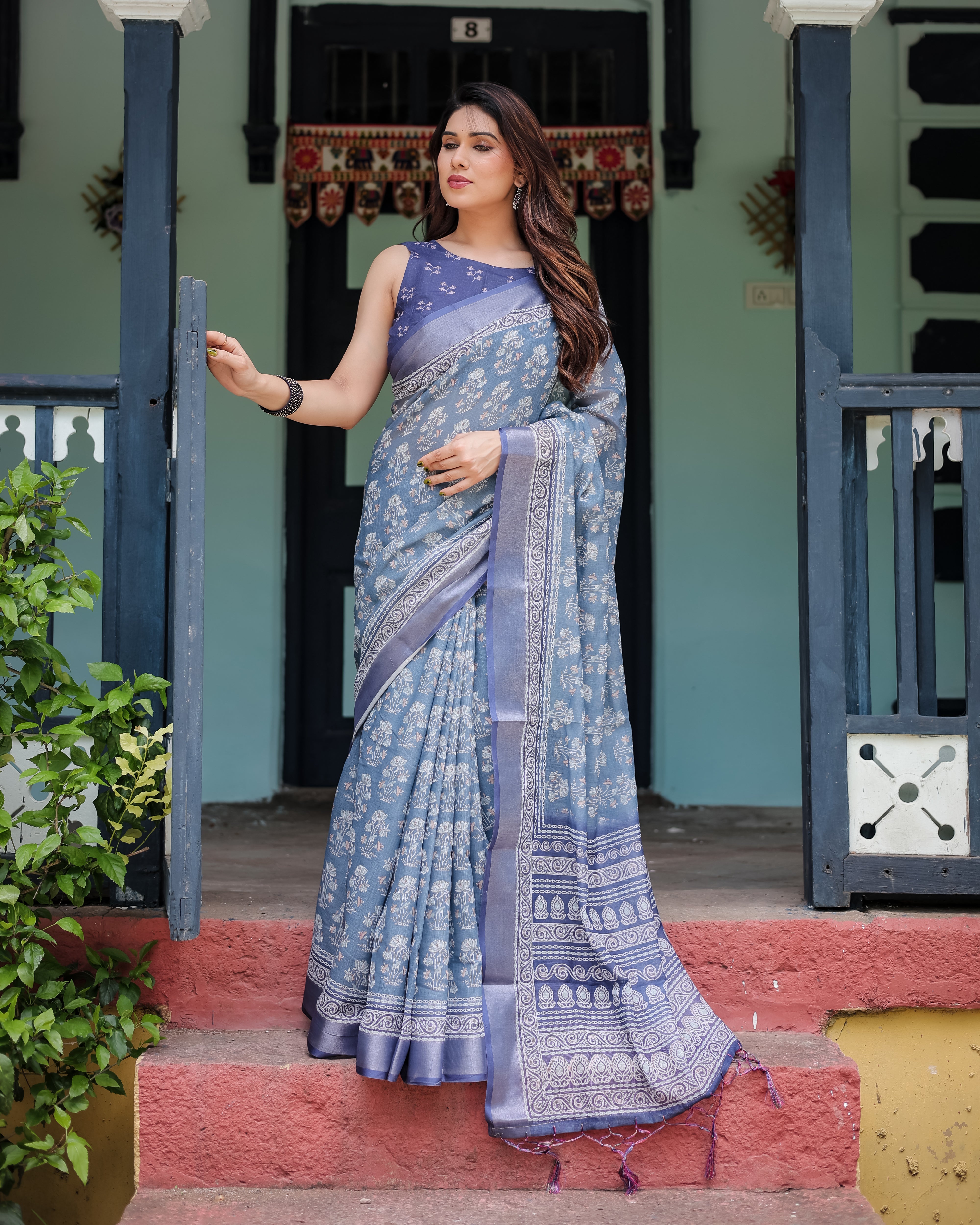 Graceful Dusty Blue Ethnic Motif Linen Cotton Saree