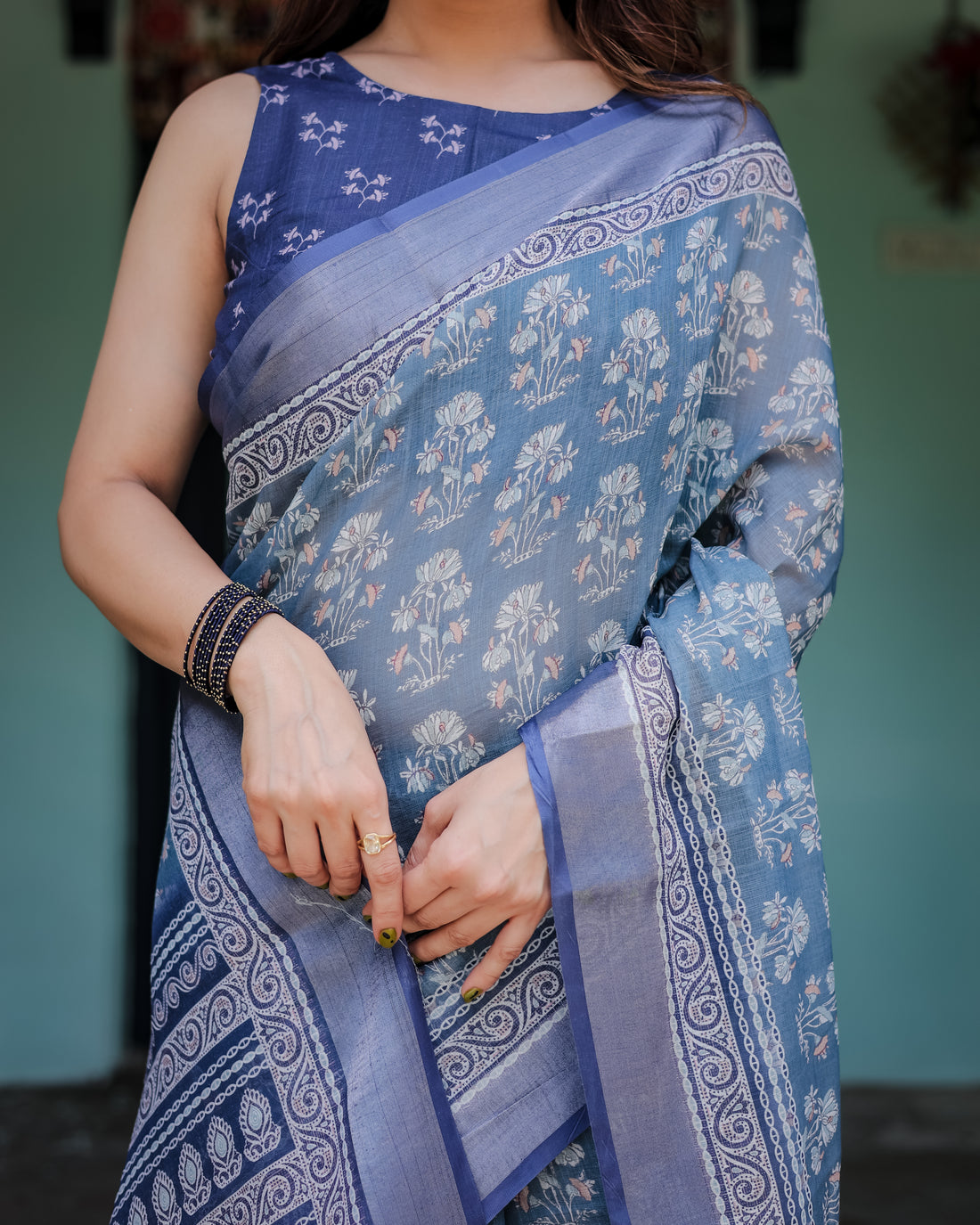 Graceful Dusty Blue Ethnic Motif Linen Cotton Saree