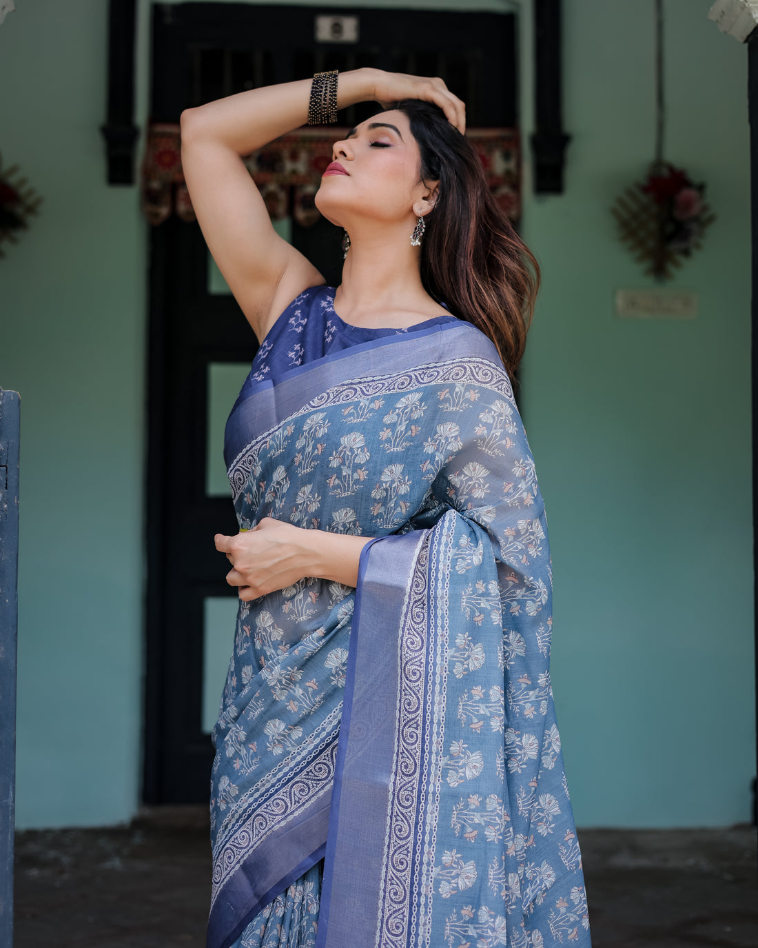 Graceful Dusty Blue Ethnic Motif Linen Cotton Saree