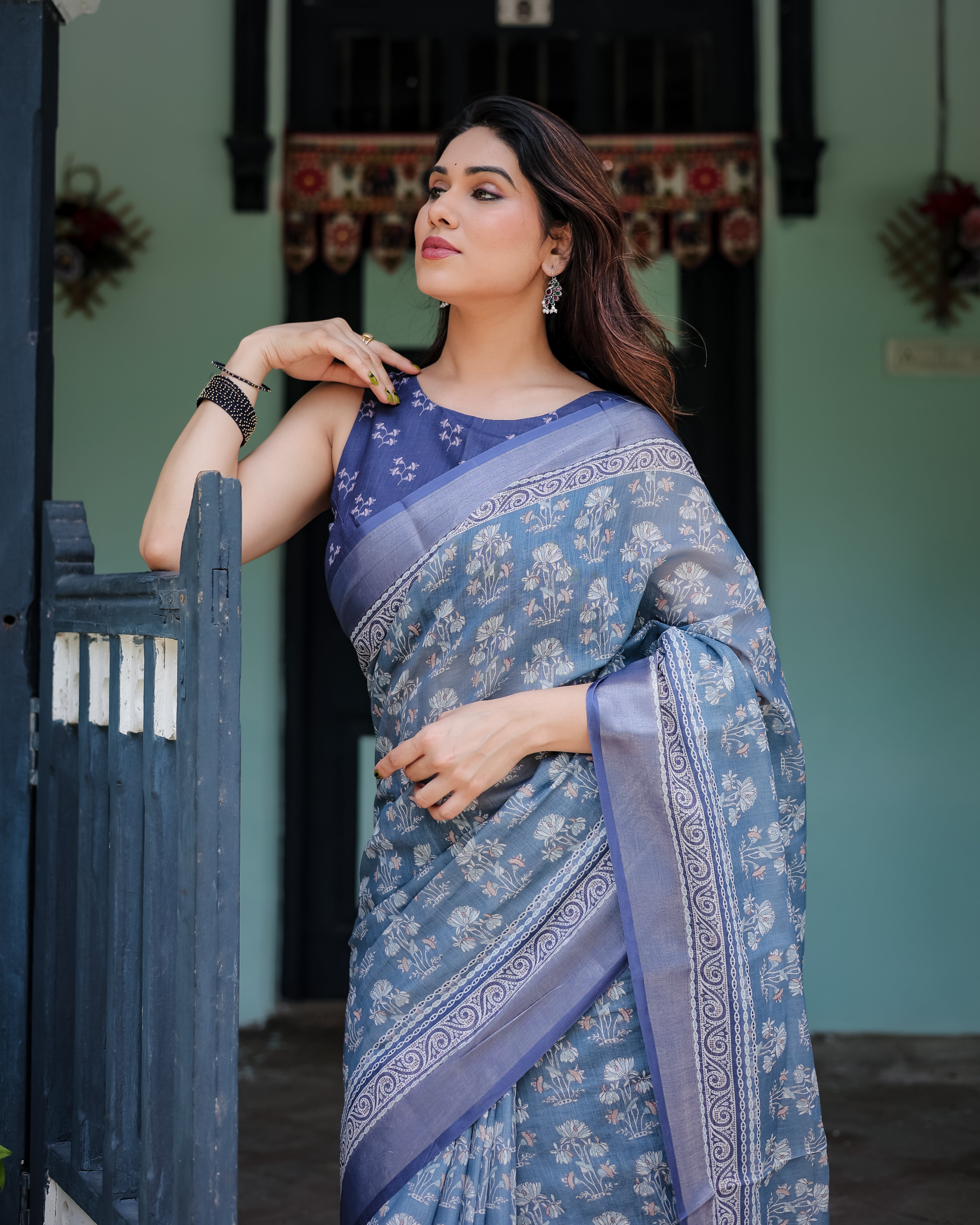 Graceful Dusty Blue Ethnic Motif Linen Cotton Saree