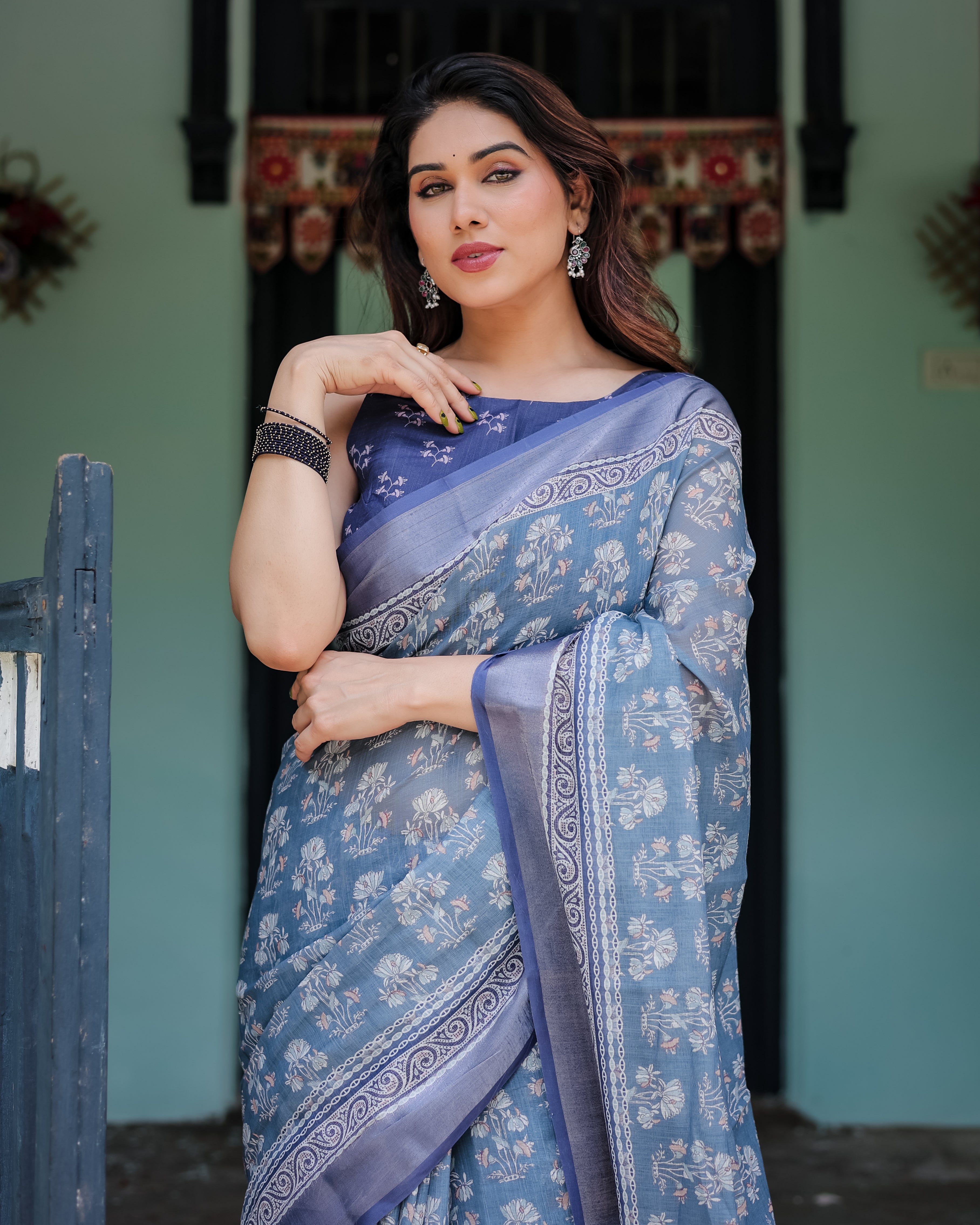 Graceful Dusty Blue Ethnic Motif Linen Cotton Saree