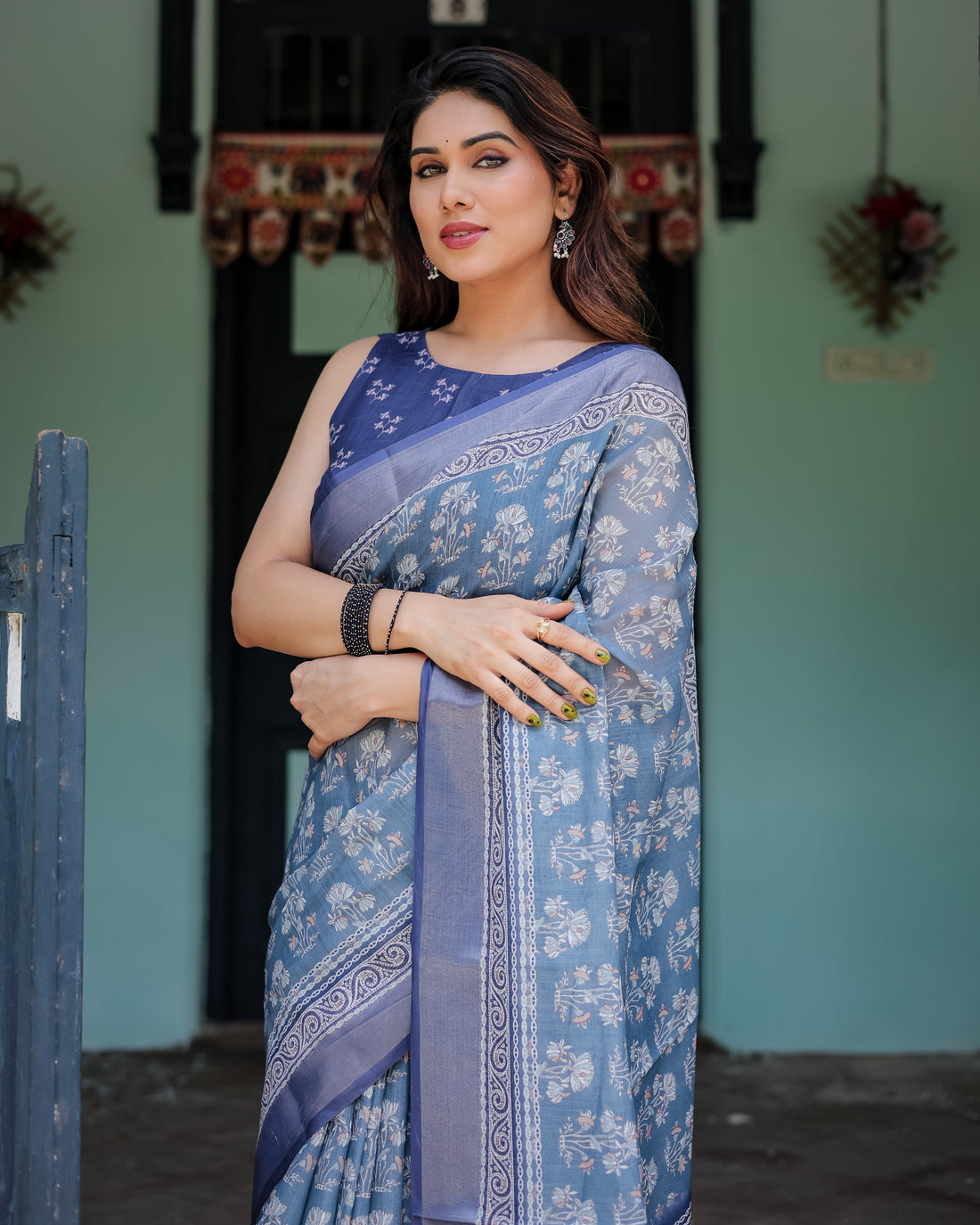 Graceful Dusty Blue Ethnic Motif Linen Cotton Saree