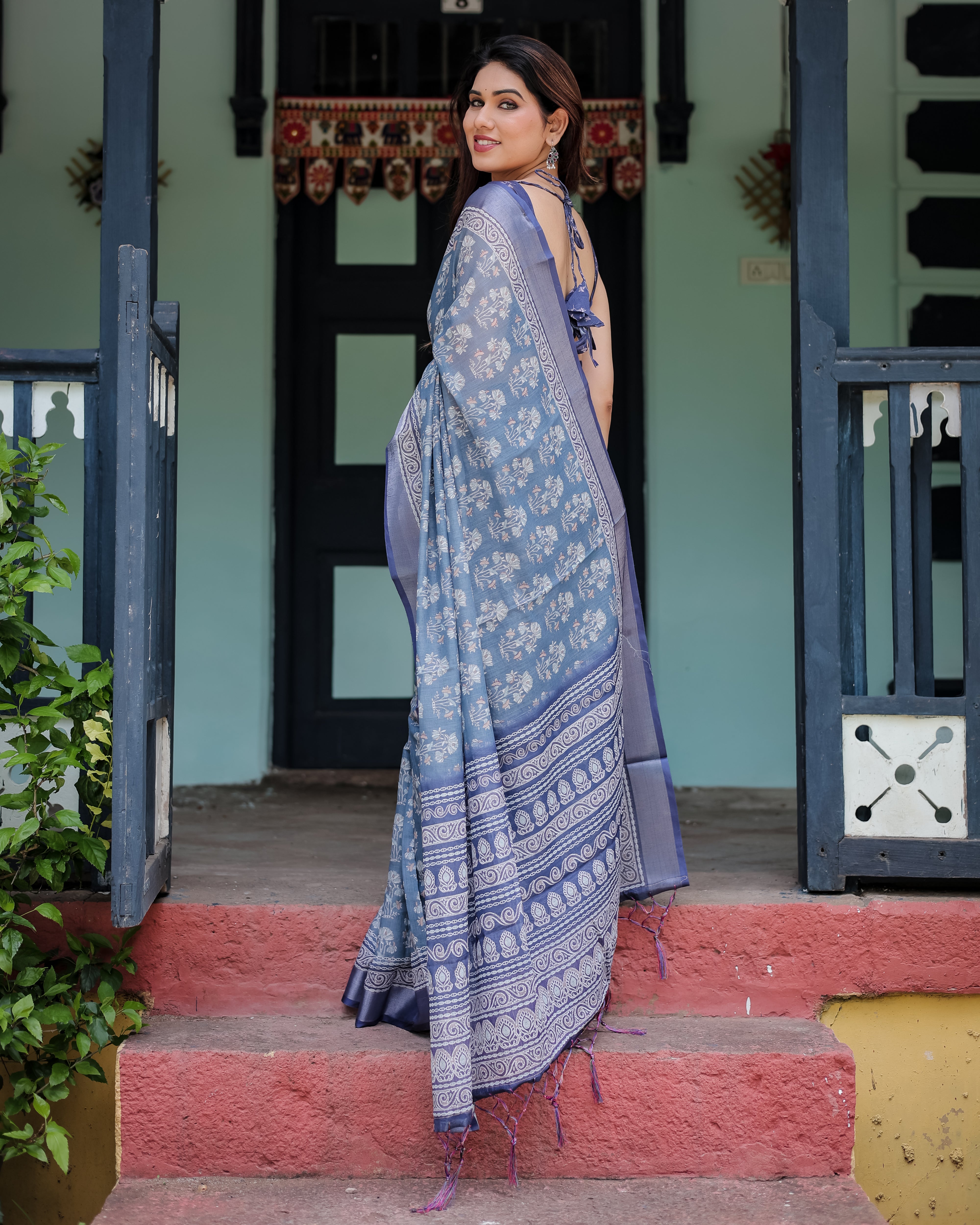 Graceful Dusty Blue Ethnic Motif Linen Cotton Saree