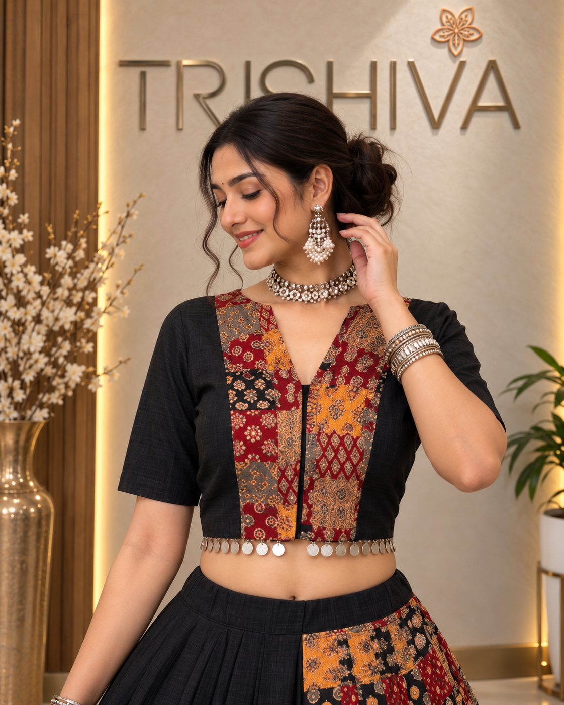 Black Ajrakh Mirror Work Lehenga Choli