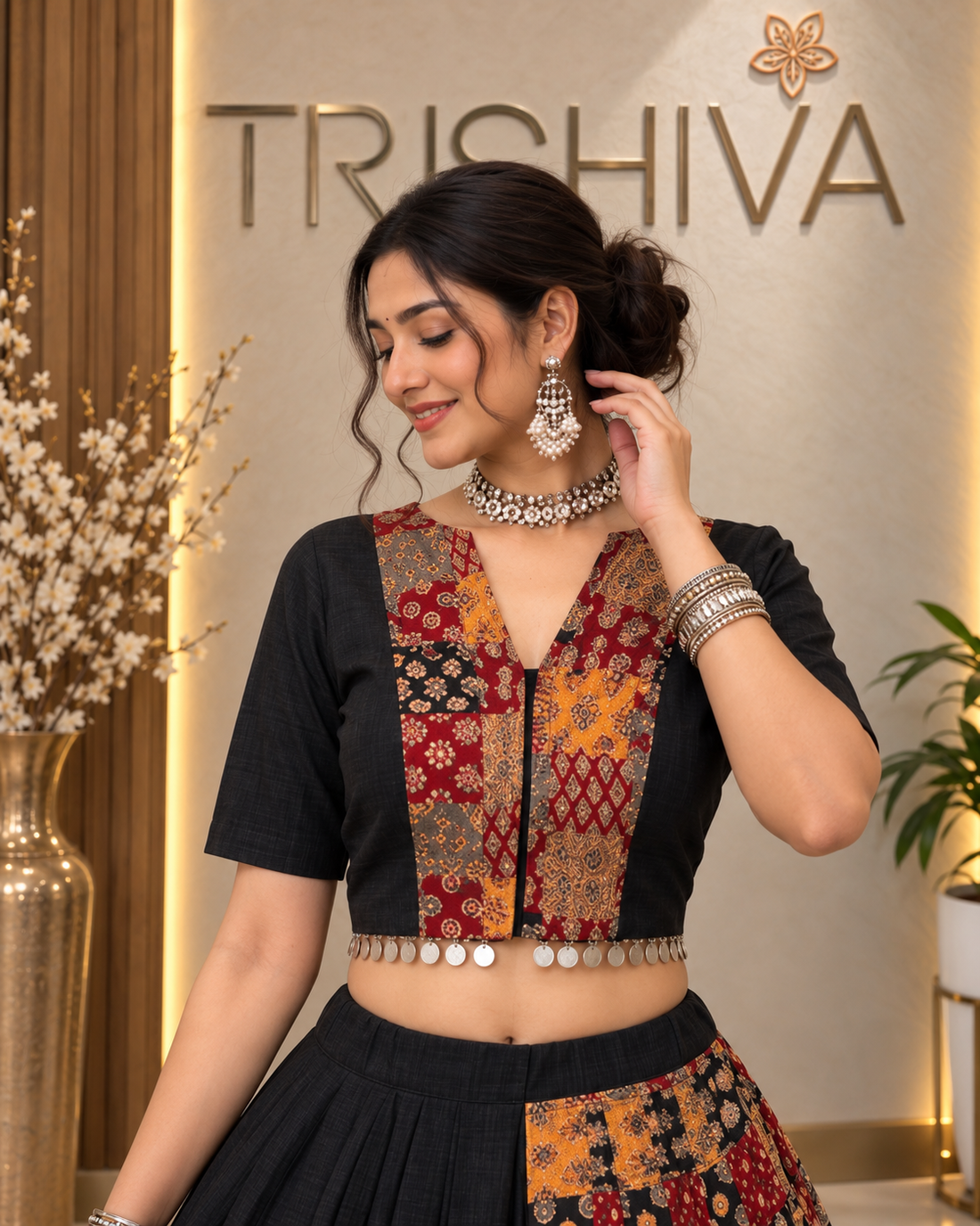 Black Ajrakh Mirror Work Lehenga Choli