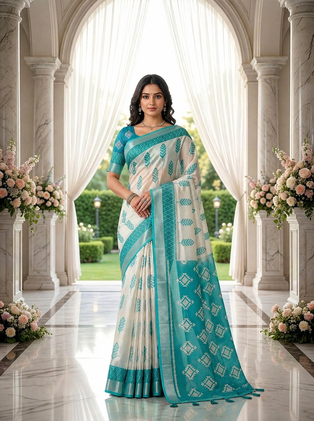 Ivory Aqua Tribal Leaf Linen Cotton Saree with Geometric Designer Pallu