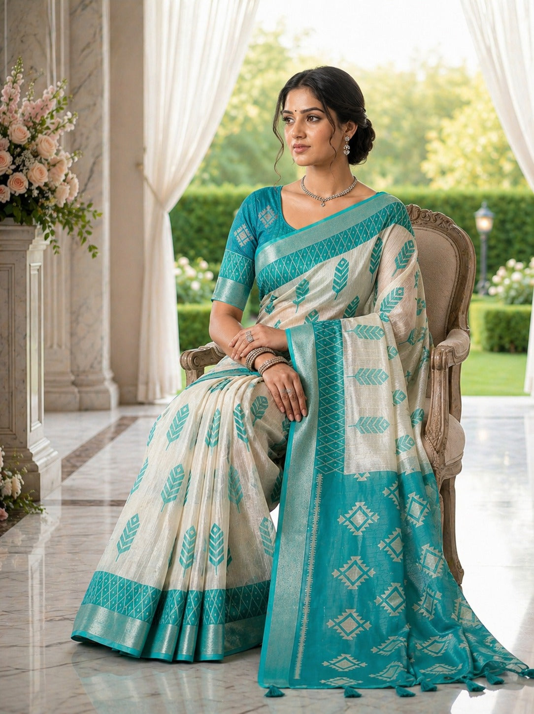 Ivory Aqua Tribal Leaf Linen Cotton Saree with Geometric Designer Pallu