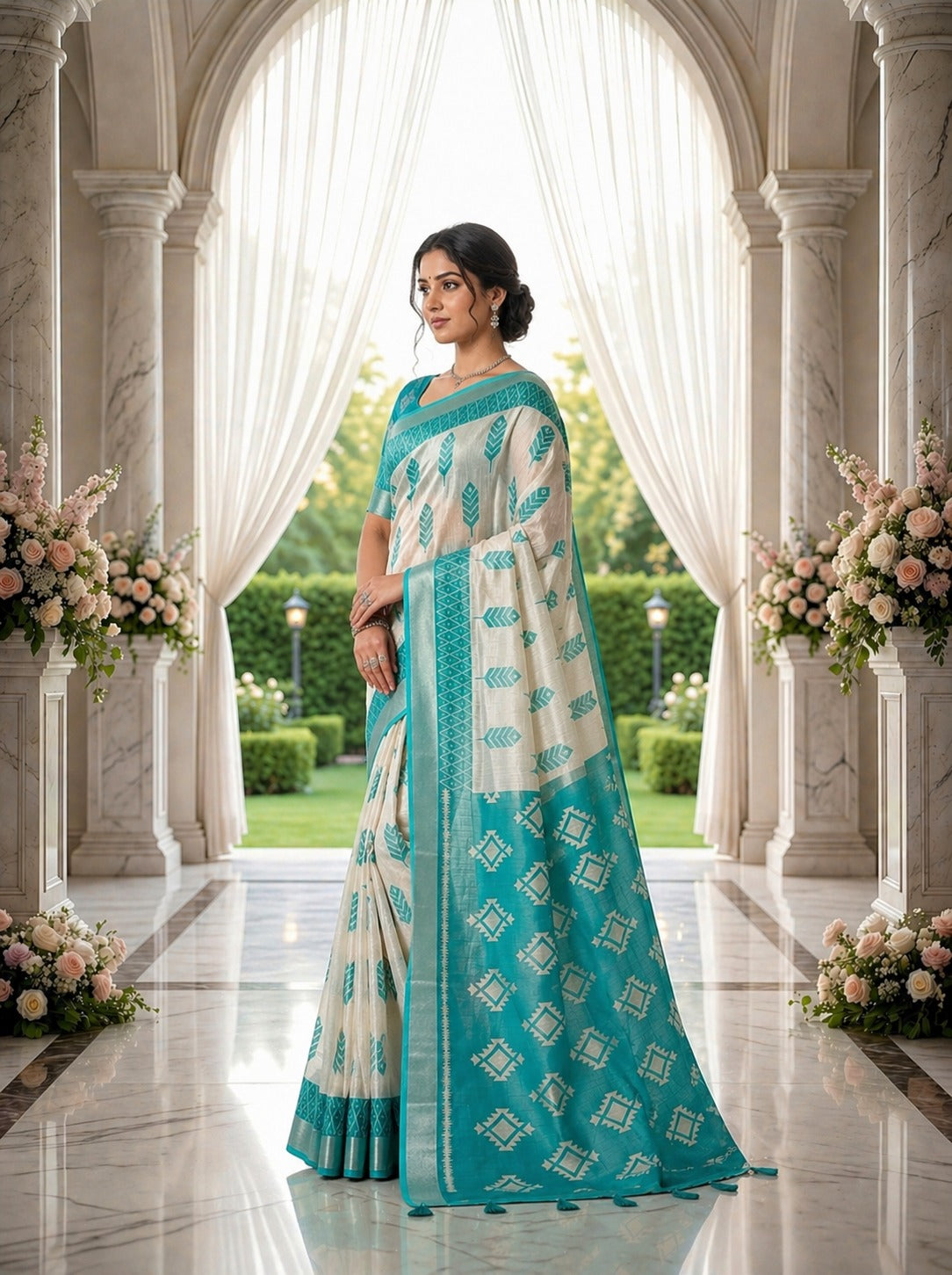 Ivory Aqua Tribal Leaf Linen Cotton Saree with Geometric Designer Pallu