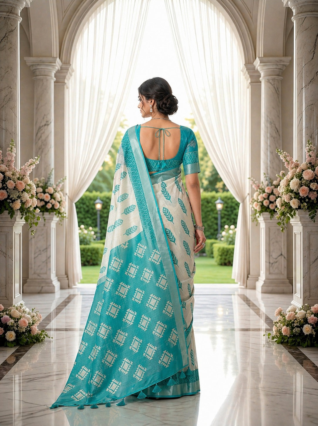 Ivory Aqua Tribal Leaf Linen Cotton Saree with Geometric Designer Pallu