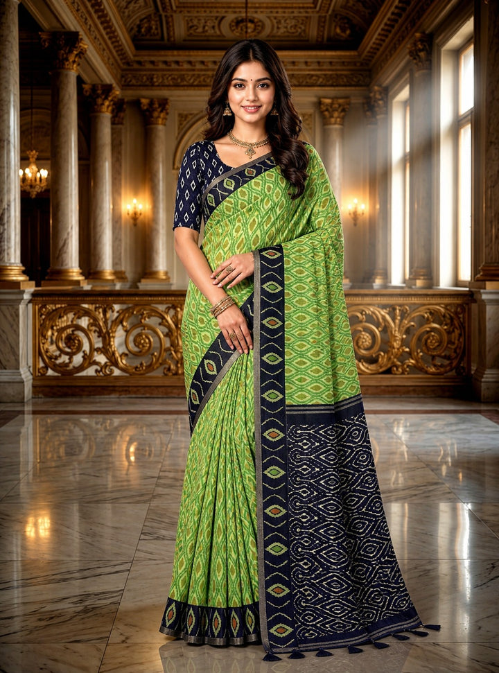 Lime Green Ikat Heritage Linen Cotton Saree with Indigo Tribal Pallu