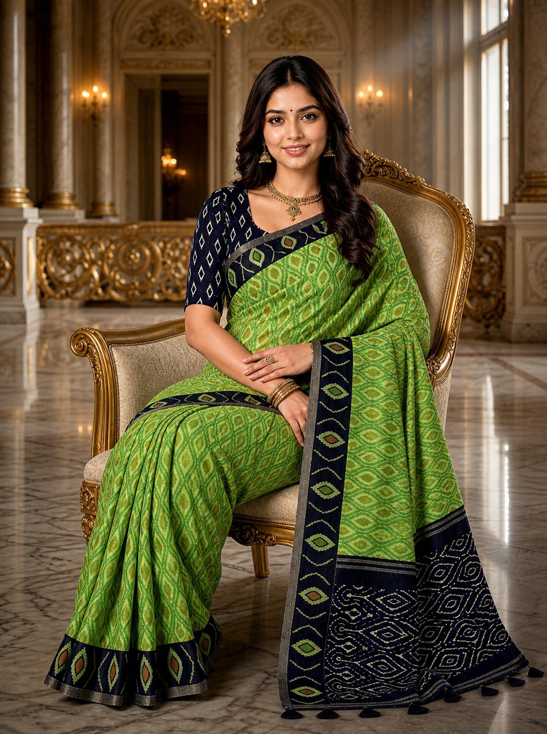 Lime Green Ikat Heritage Linen Cotton Saree with Indigo Tribal Pallu