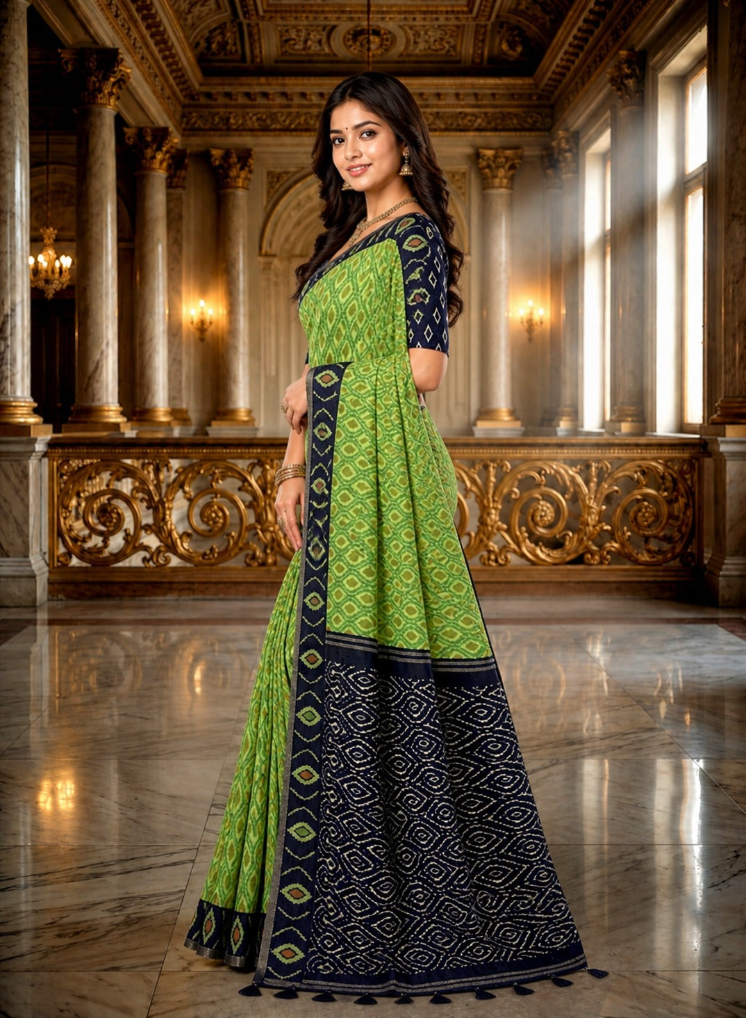 Lime Green Ikat Heritage Linen Cotton Saree with Indigo Tribal Pallu