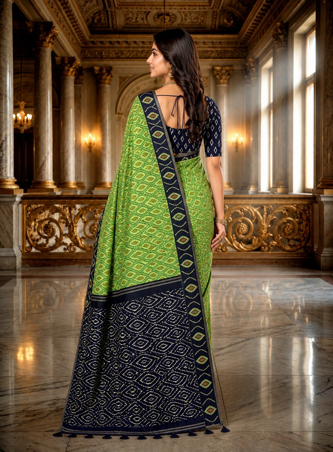 Lime Green Ikat Heritage Linen Cotton Saree with Indigo Tribal Pallu
