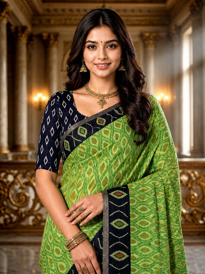 Lime Green Ikat Heritage Linen Cotton Saree with Indigo Tribal Pallu