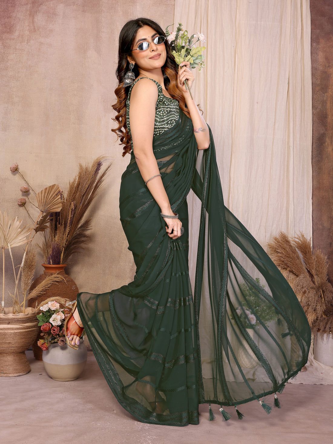 Georgette Silk Saree with Kaju Patta Pattern & Printed Foil Work Blouse