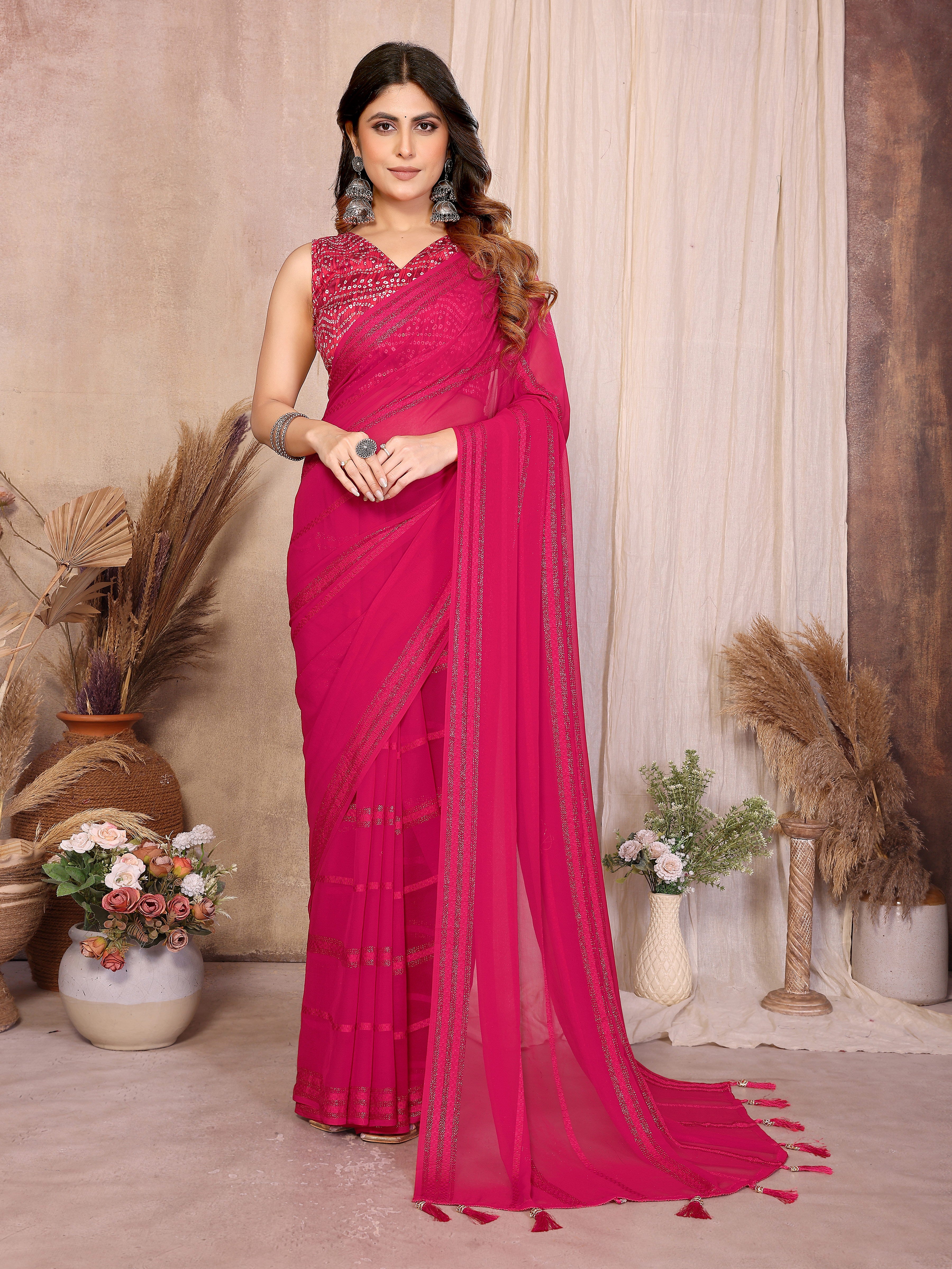 Georgette Silk Saree with Kaju Patta Pattern & Printed Foil Work Blouse