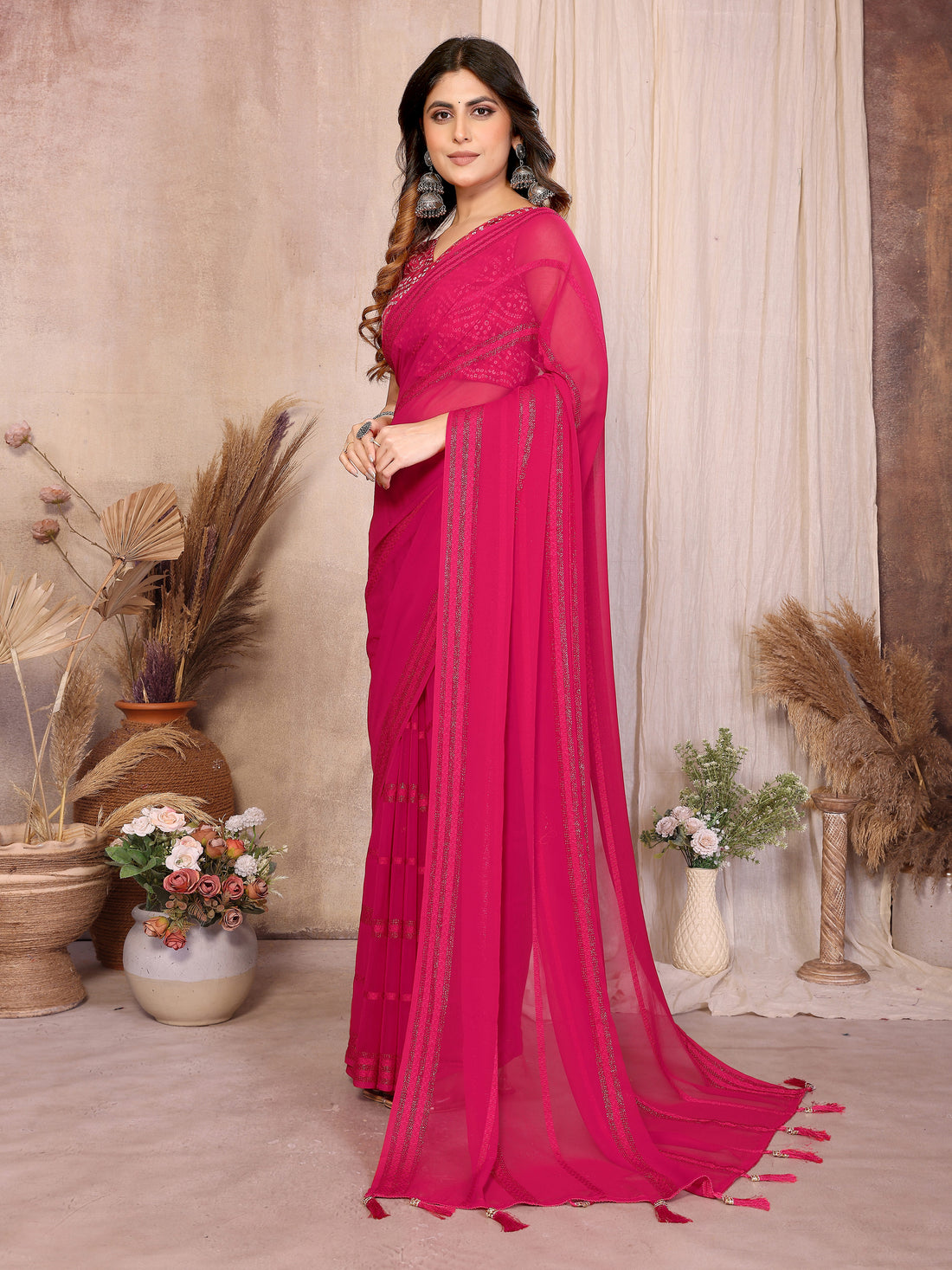 Georgette Silk Saree with Kaju Patta Pattern & Printed Foil Work Blouse